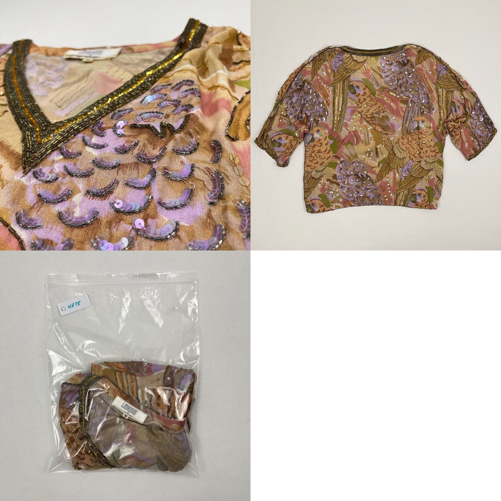 I. Magnin VINTAGE I. MAGNIN Blouse Womens Medium Silk Bird Parrot Beaded Sequin Fairy 70s 80s Size M / US 6-8 / IT 42-44 - 8 Thumbnail