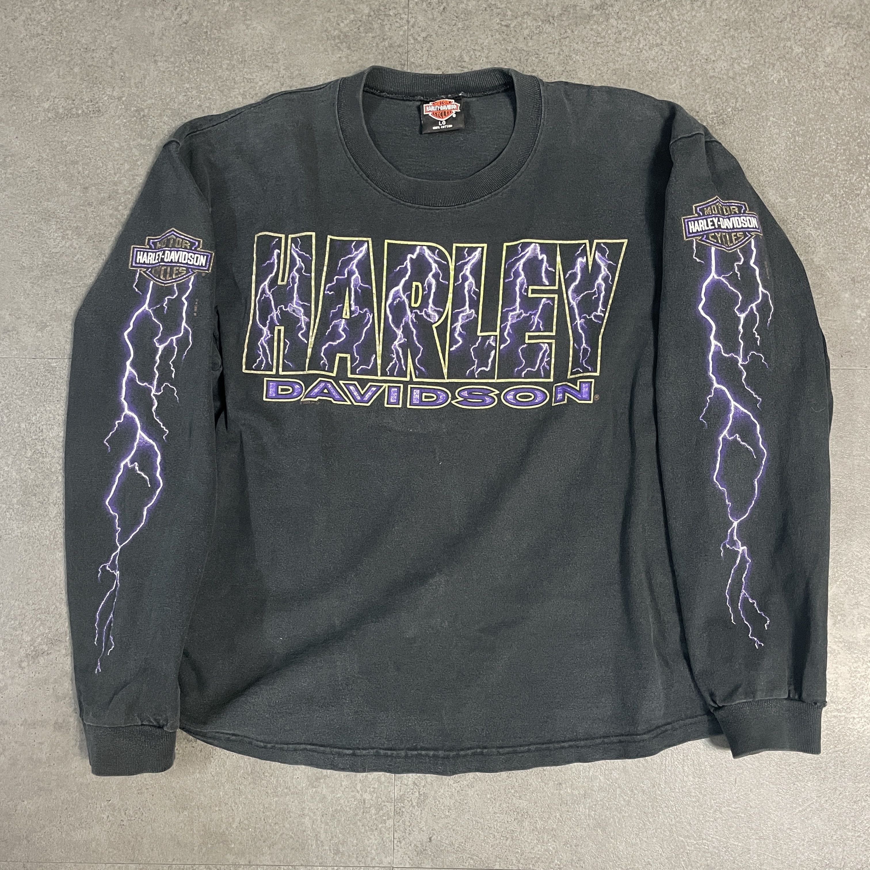 image of Vintage 90's Harley Davidson Lightning Logo Long Sleeve Shirt in Black/Purple, Men's (Size Large)