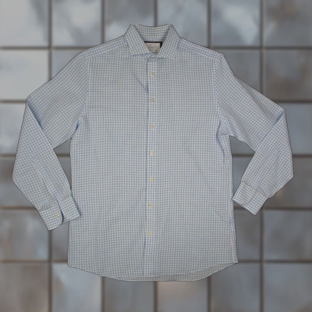 Charles Tyrwhitt Charles Tyrwhitt Dress Shirt Mens Slim Blue Check Long Sleeve Linen Blend Button Up Work Size 34R - 1 Thumbnail