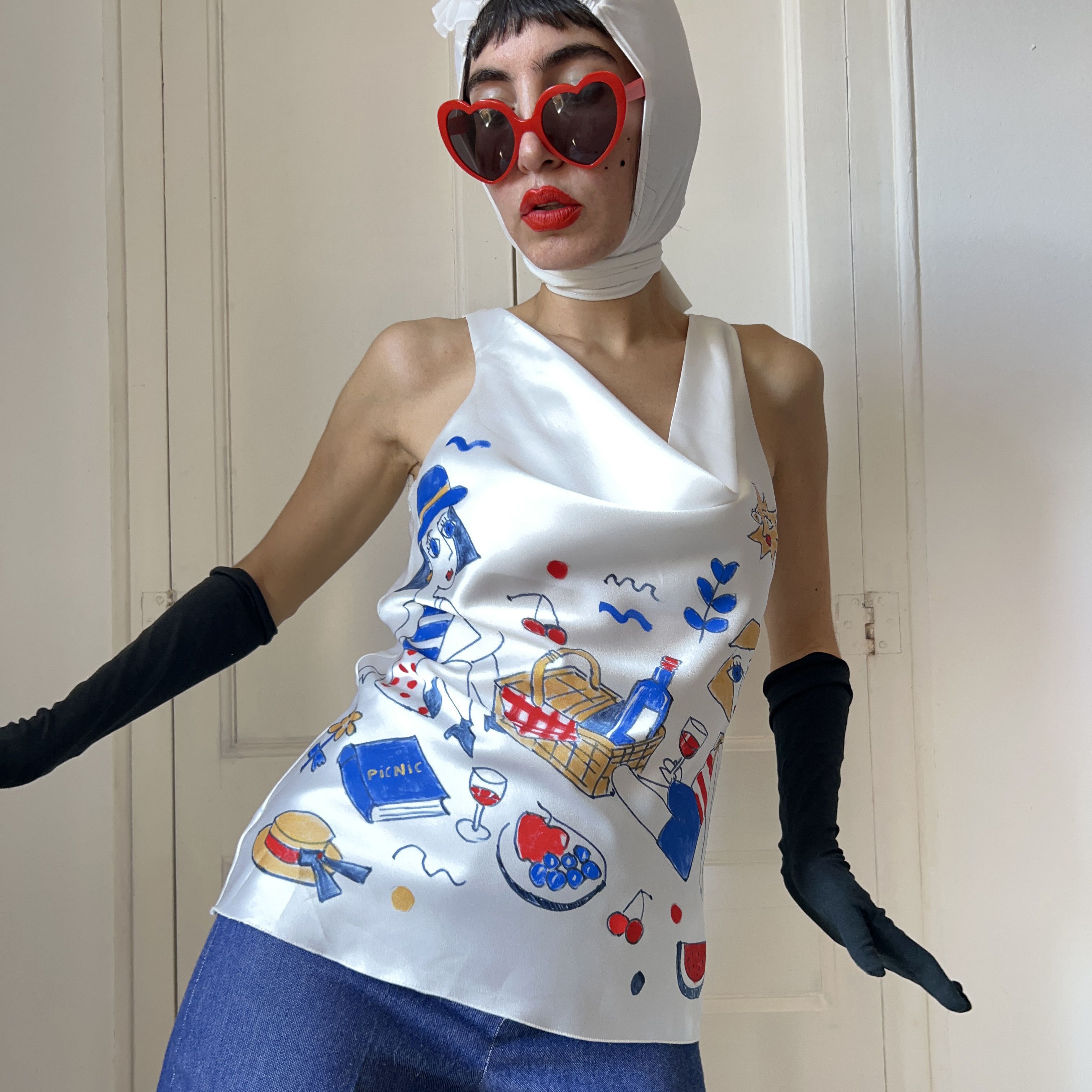 Custommade Hand Painted Picnic Satin Wearable Art Tank Top Size M / US 6-8 / IT 42-44 - 3 Thumbnail