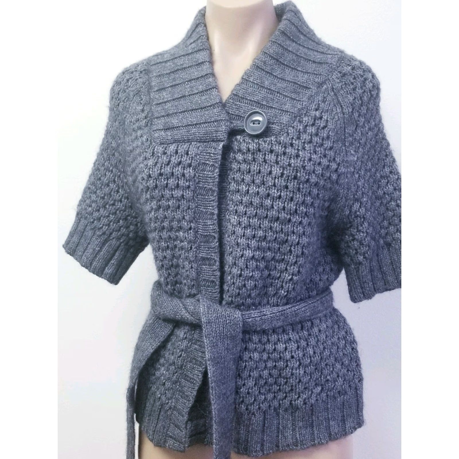 H&M VINTAGE H & M Cardigan Sweater Heather Grey Knit Size M Short Sleeve With Belt Size M / US 6-8 / IT 42-44 - 5 Thumbnail