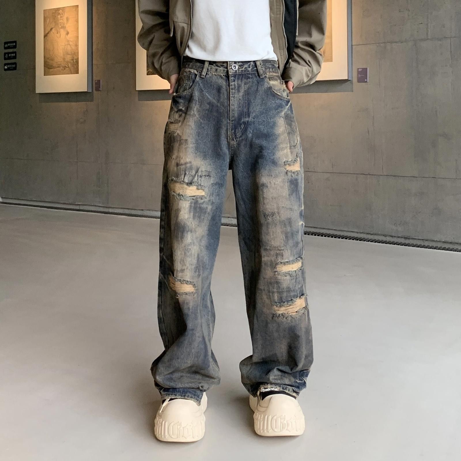 Vintage Distressed Wide Leg Denim Jeans, Baggy Fit Jeans Size US 30 / EU 46 - 1 Thumbnail