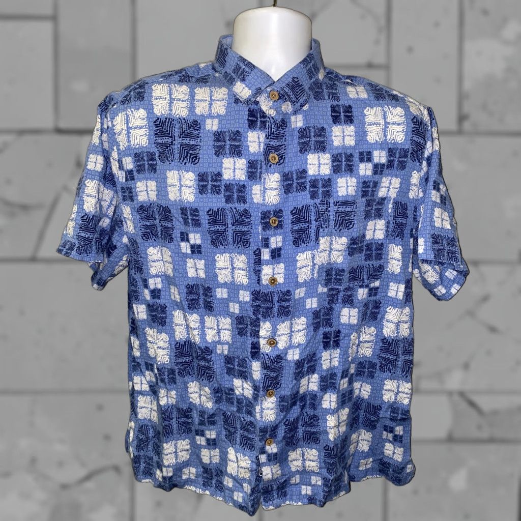 Nat Nast Nat Nast Mens Blue/White Short Sleeve Shirt L Silk/Cotton Geometric Button-Up Collared Regular Modern Colorful Shirt Size US L / EU 52-54 / 3 - 1 Thumbnail
