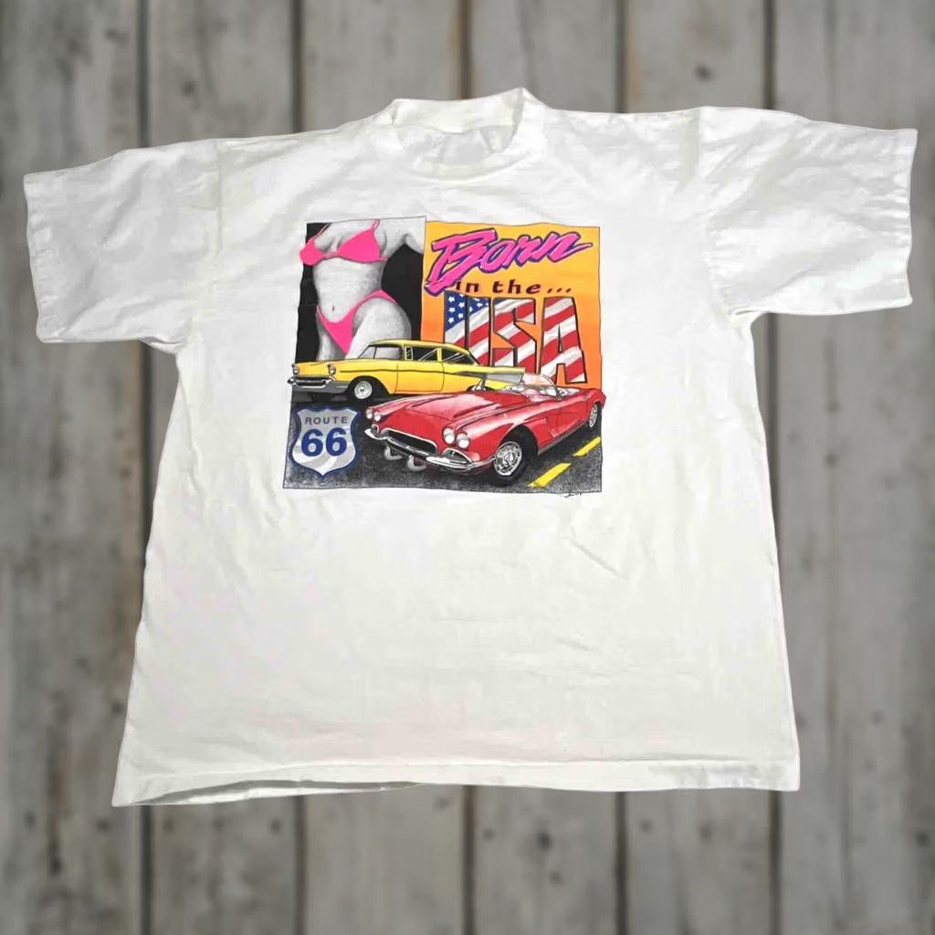 Born VINTAGE Born In The USA Route 66 T Shirt White Graphic 1990’s 2XL Single Stitch Mens Size US XXL / EU 58 / 5 - 1 Thumbnail
