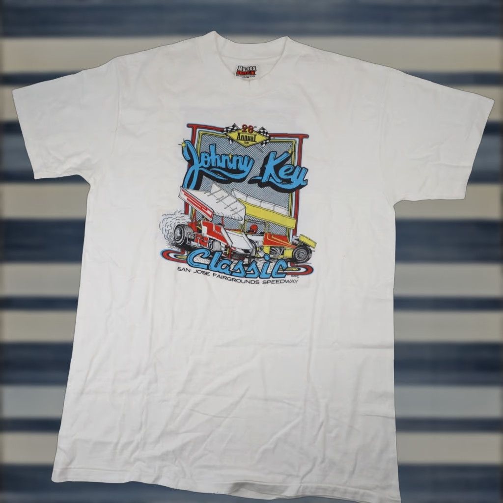 Vintage VINTAGE 80s Johnny Key Classic Sprint Car Racing Mens Large Graphic T Shirt White Size US L / EU 52-54 / 3 - 1 Thumbnail