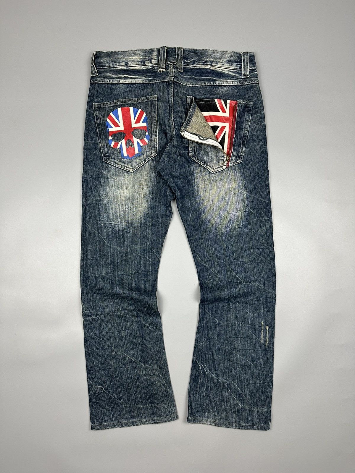If Six Was Nine Distressed Flared Denim Jack Serika Britain Skull Bones Size US 34 / EU 50 - 1 Thumbnail
