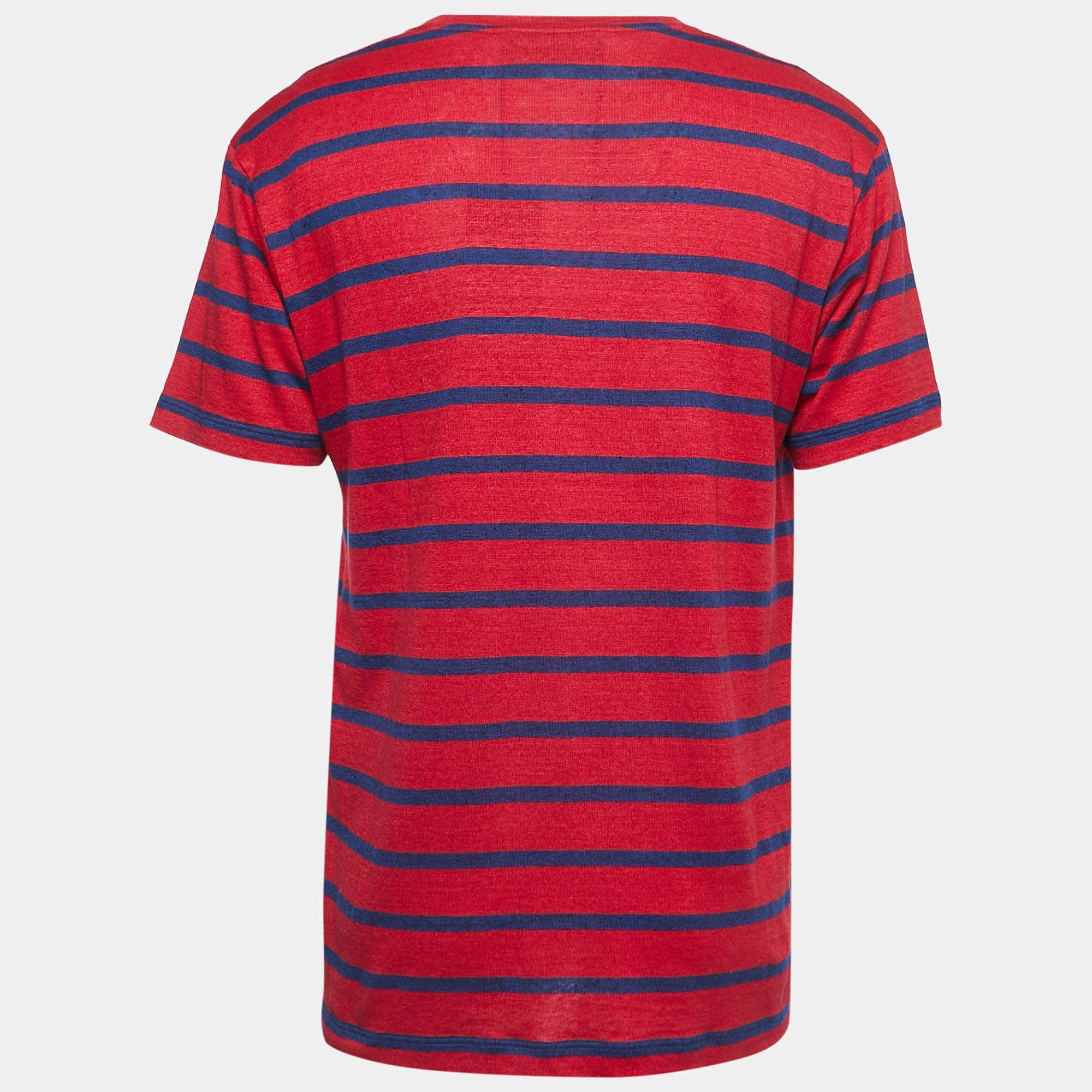 Gucci Gucci Red/Blue Striped Vintage Logo Linen Blend T-Shirt Size US S / EU 44-46 / 1 - 3 Thumbnail