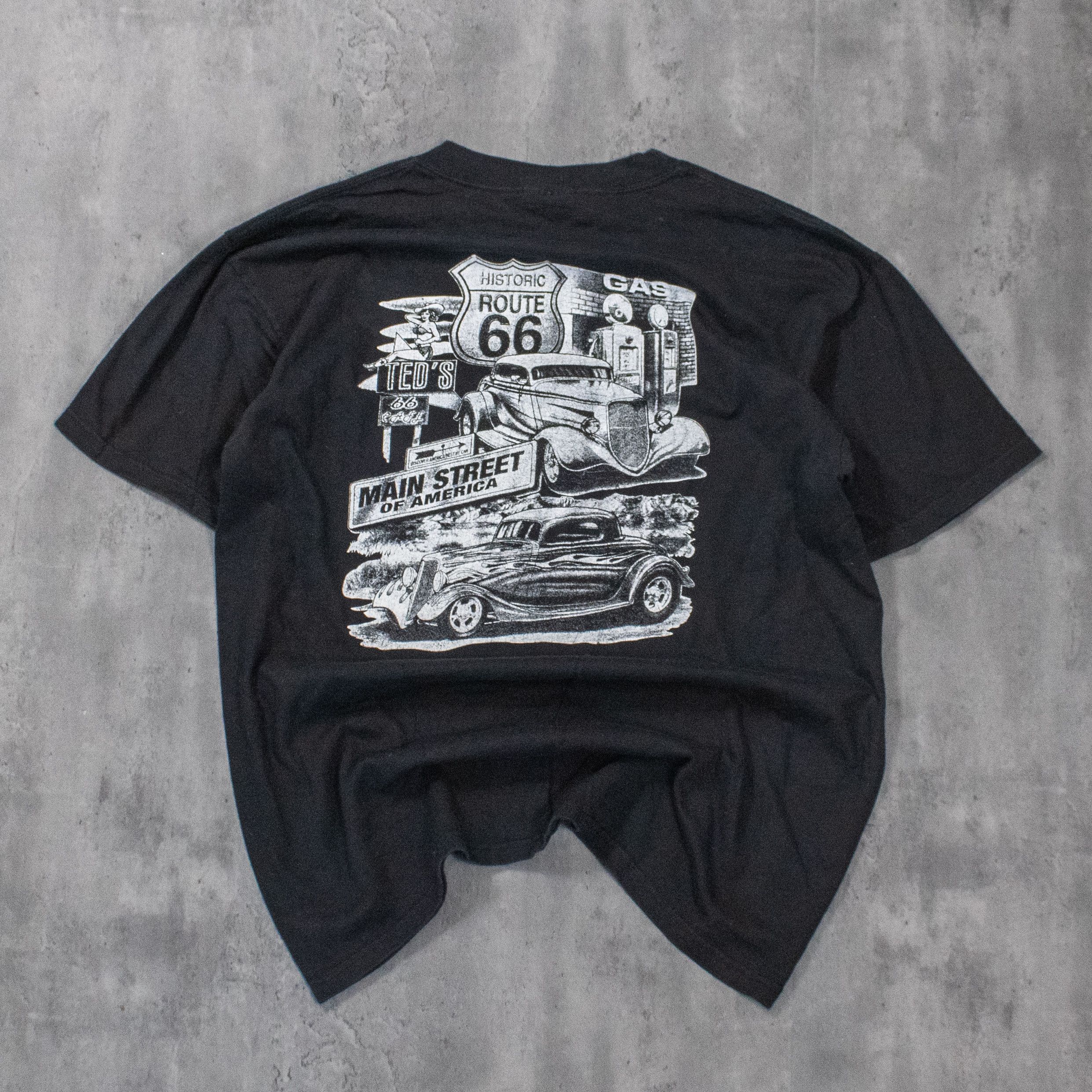 Hanes Vintage 1990's Route 66 Old School Hot Rods Black T-Shirt Size US L / EU 52-54 / 3 - 6 Thumbnail