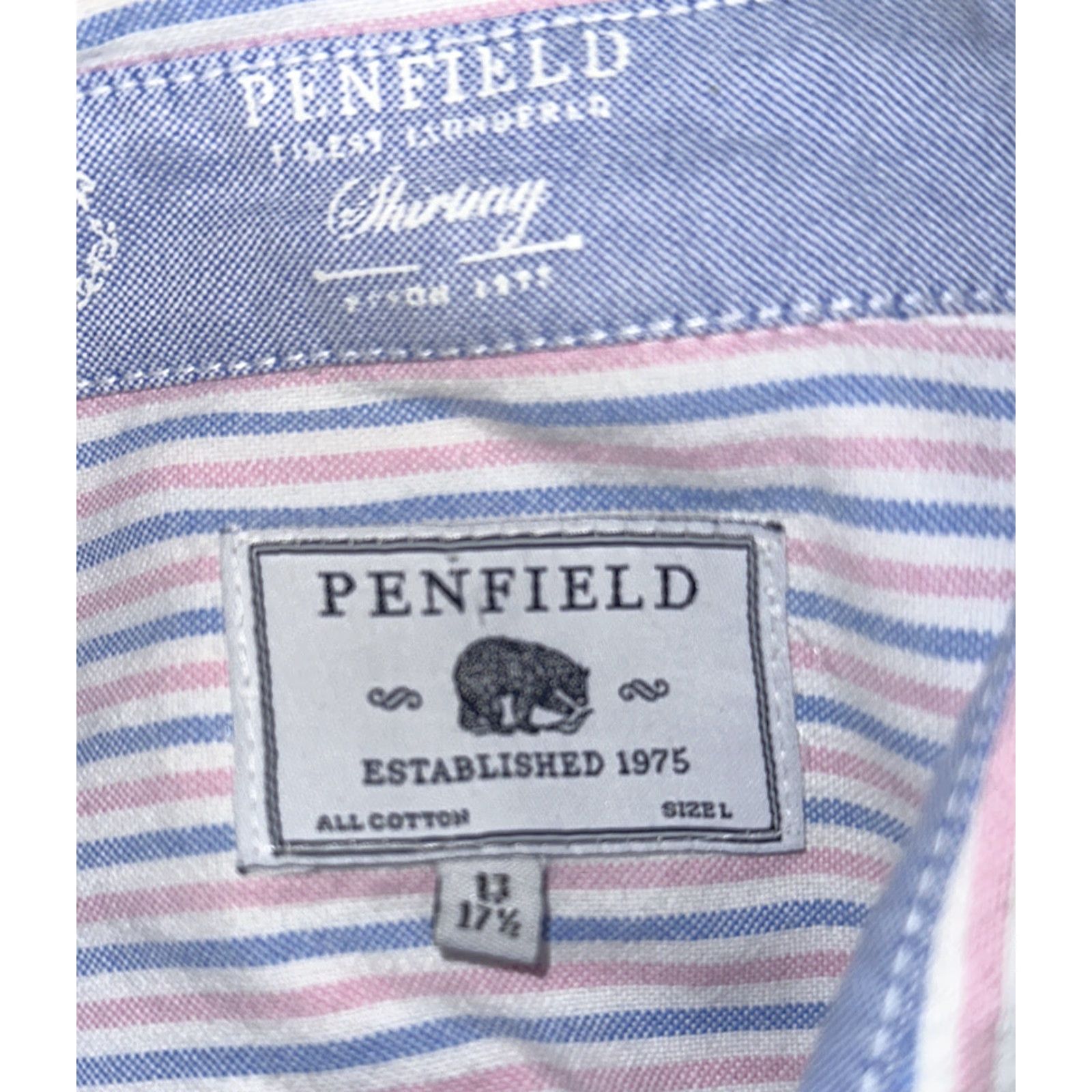 Penfield Penfield Dress Shirt Mens Blue/Pink Striped Long Sleeve Button Front Size 17.5 Regular Collar-Down Size 48R - 6 Thumbnail