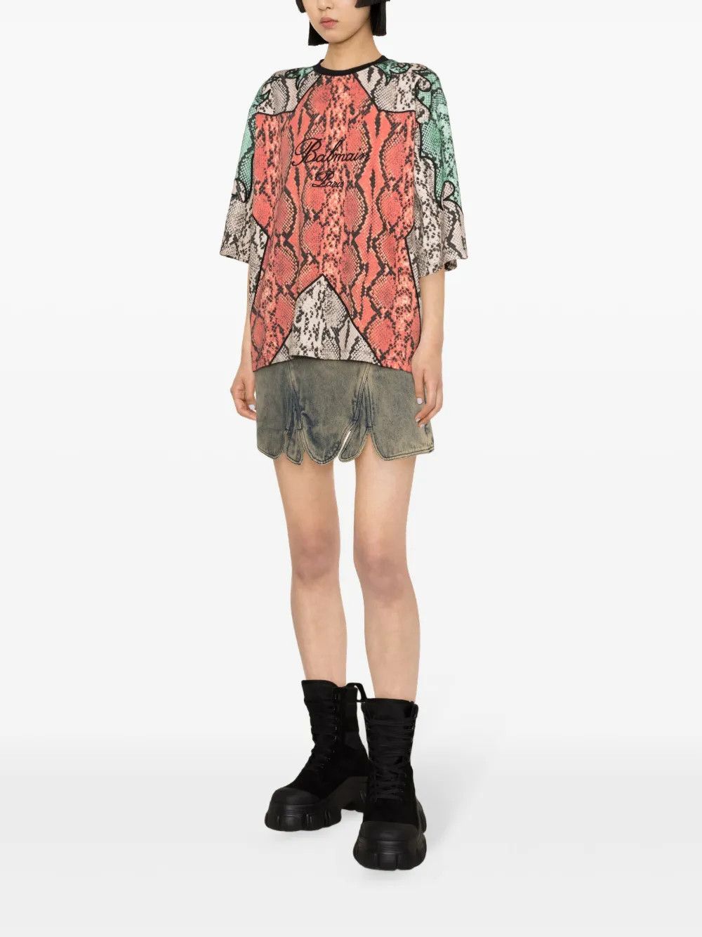 Balmain o1s1wg110725 Python Print Cotton T-Shirt in Multicolor Size L / US 10 / IT 46 - 3 Thumbnail