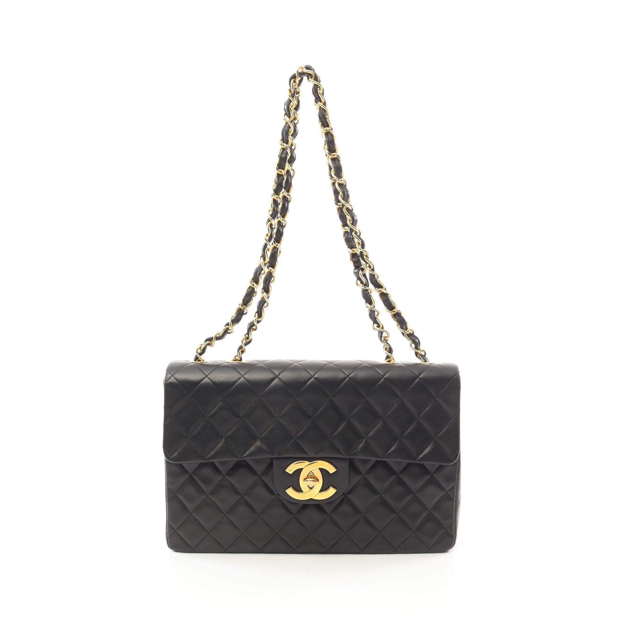 Chanel Decamatlassé 34 Double Chain Shoulder Bag Lambskin Black Gold Hardware