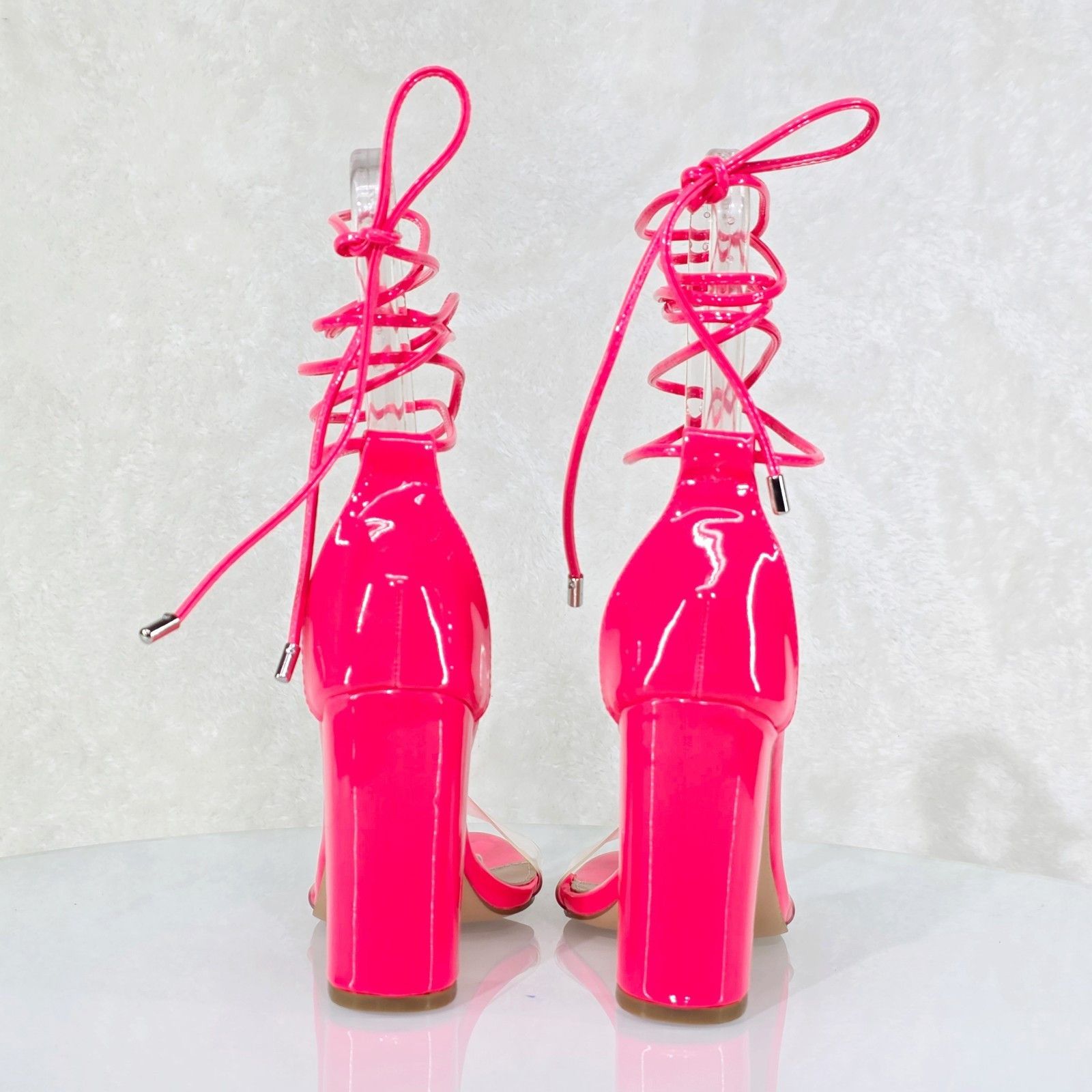Other Shocker Tie Up Ankle Strap Neon Pink Chunky High Heels Sand Size US 6.5 / IT 36.5 - 3 Thumbnail