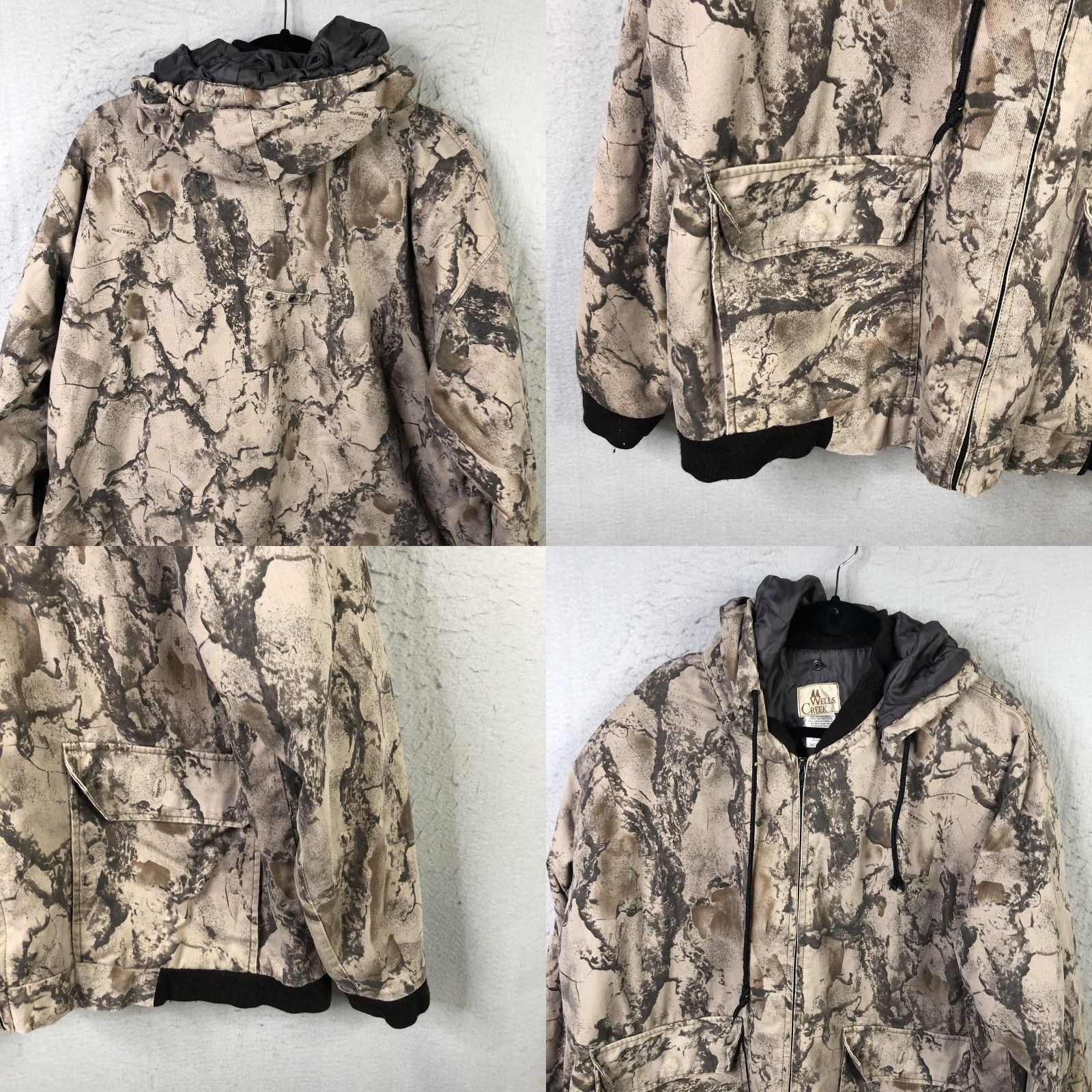 Vintage Wells Creek Jacket Mens XL Beige Camouflage Cotton Twill Hooded Zip Front Hunting Size US XL / EU 56 / 4 - 8 Thumbnail