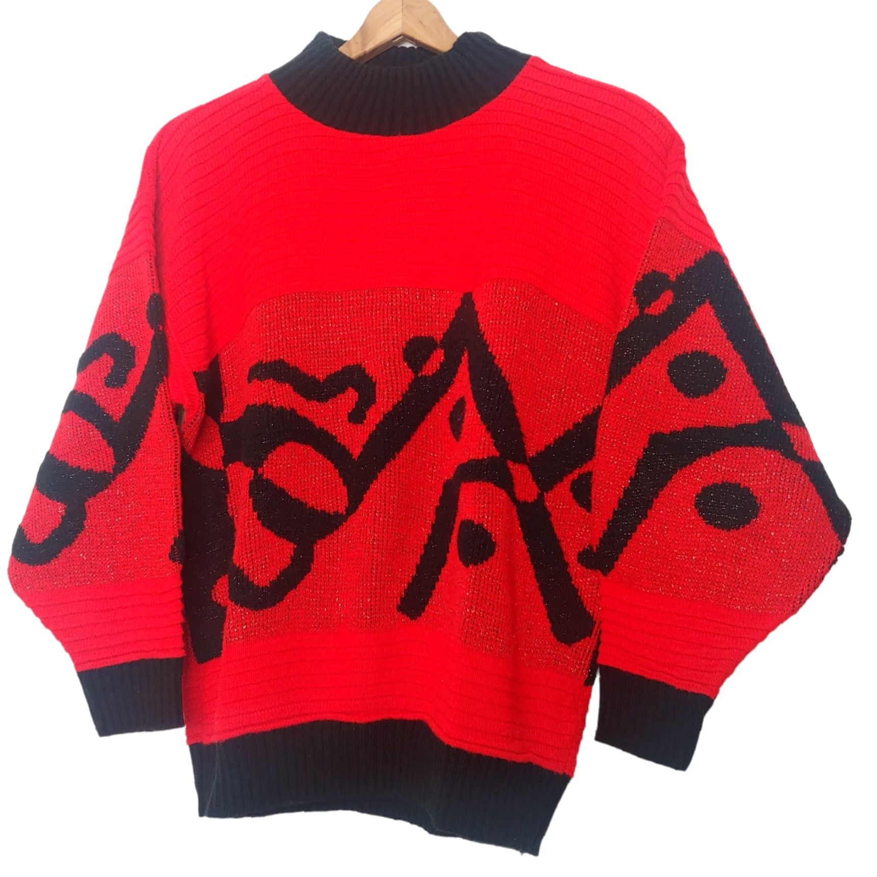 Vintage VINTAGE Arielle Sweater Red Glitter Abstract 1980s L Large Knit Pullover Mock Neck Long Sleeve Women's Size L / US 10 / IT 46 - 2 Thumbnail
