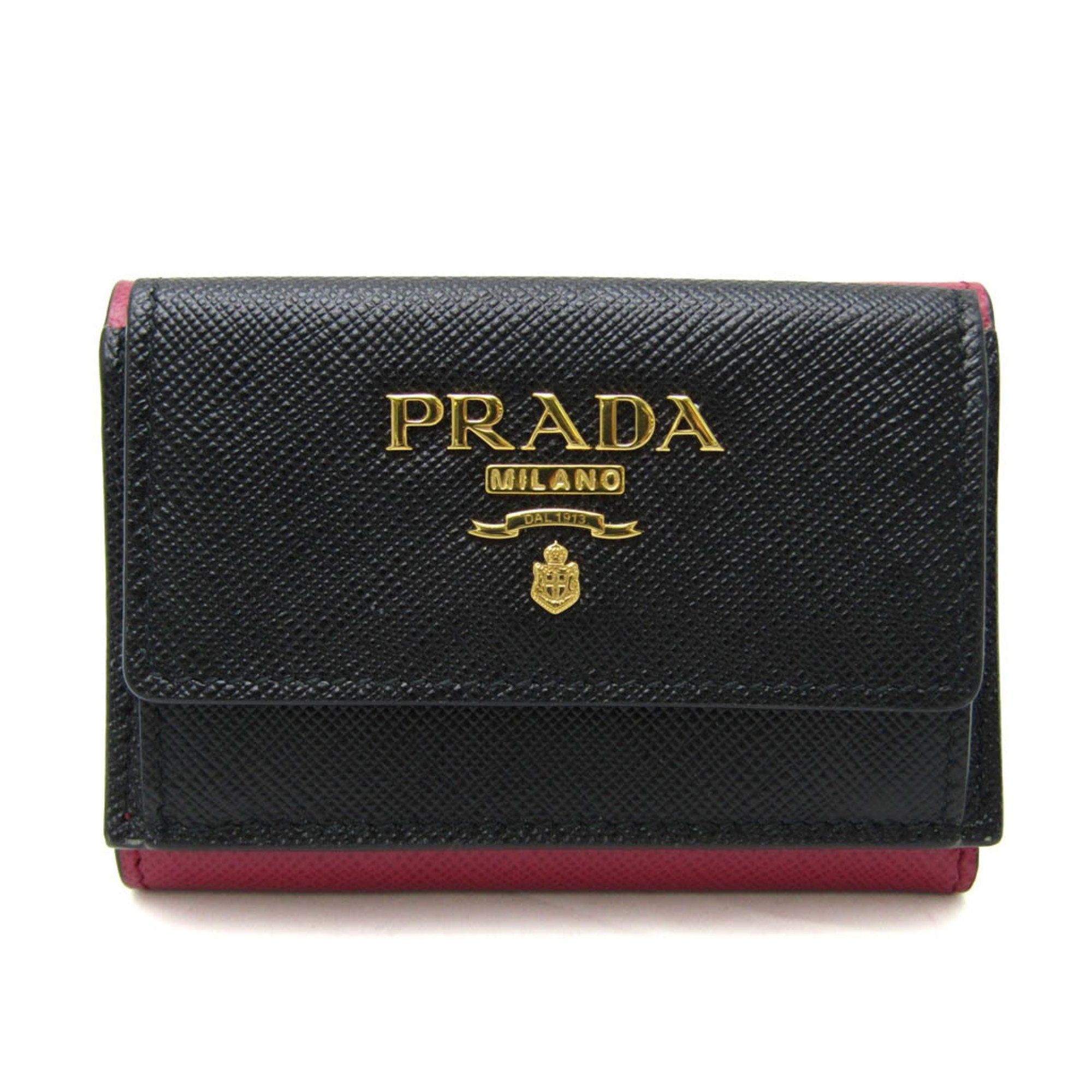 image of Prada Saffiano 1Mh021 Women's Leather Wallet [Tri-Fold] Black,pink