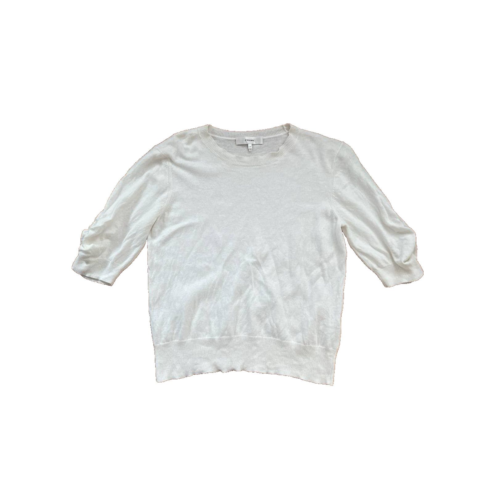 Frame FRAME cotton linen knitted 3/4 sleeve top Gathered A001872 Size L / US 10 / IT 46 - 2 Thumbnail