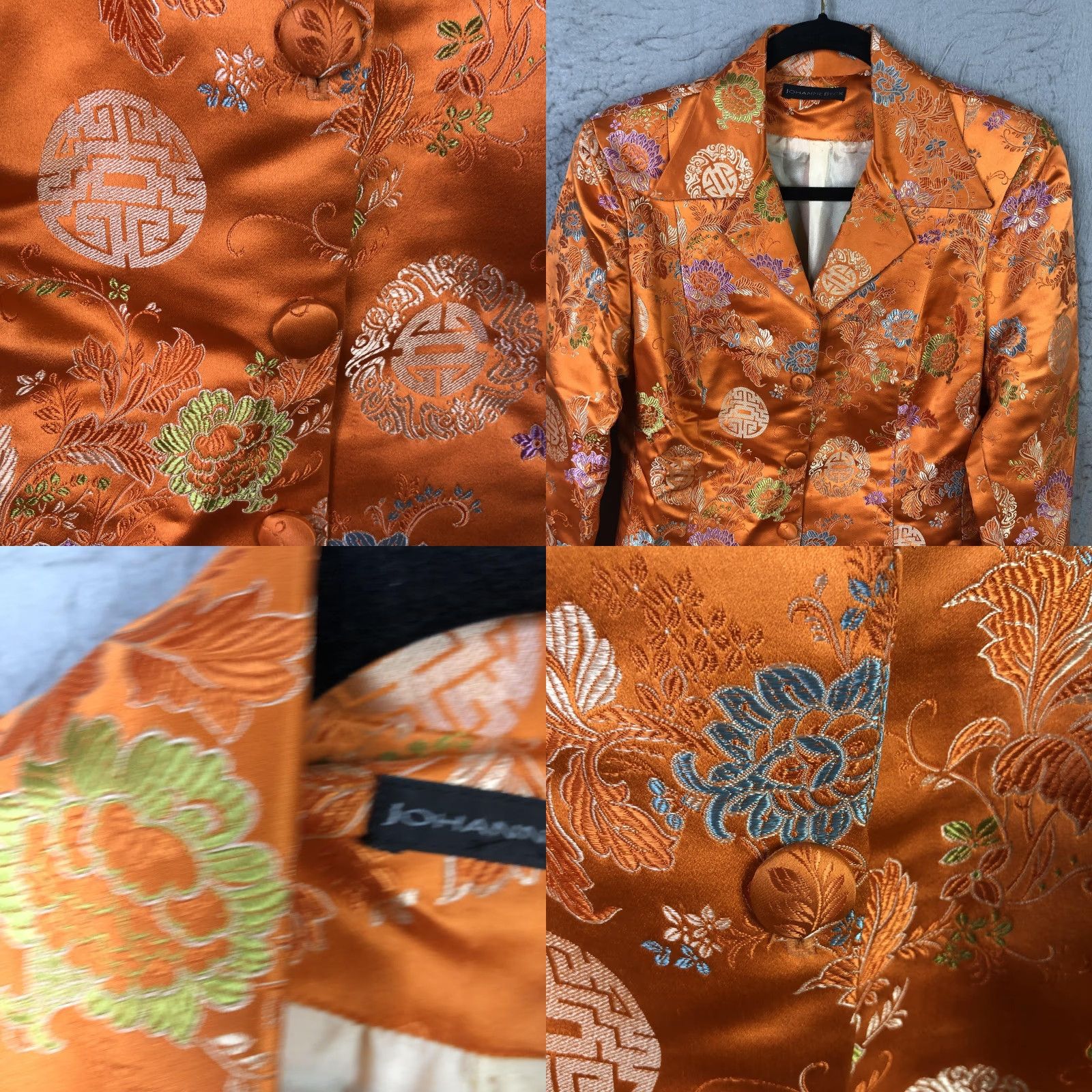 Vintage Johanne Beck Blazer Womens Medium Orange Silk Blend Floral Embroidered Satin Blazer - Formal Party/Cocktail Womens Size M / US 6-8 / IT 42-44 - 9 Thumbnail