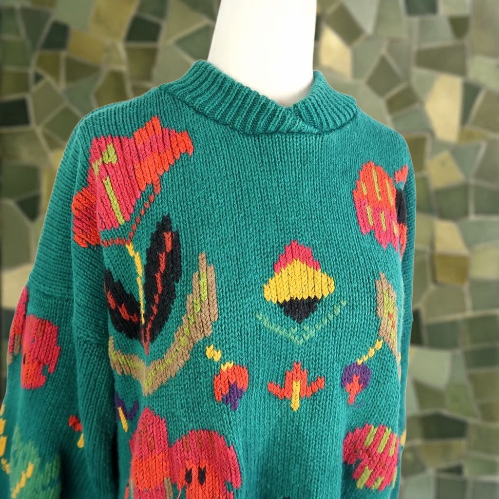 American Eagle Outfitters VINTAGE American Eagle Sweater Green Floral Cotton Knit Adult Medium Womens 90s Size M / US 6-8 / IT 42-44 - 1 Thumbnail