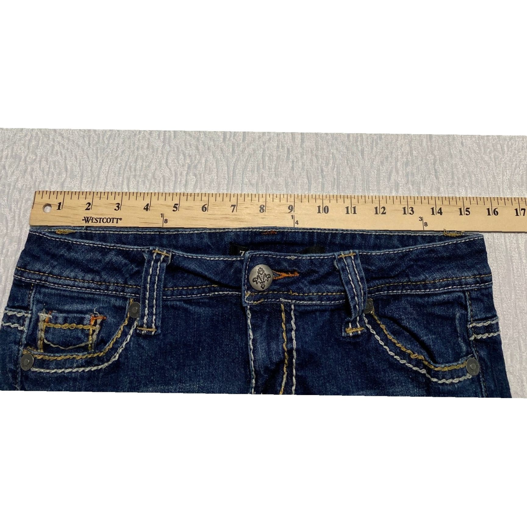 Vintage ZCO Jeans Premium Blue Bootcut Jeans Distressed Embellished 5-Pocket Design Low Rise Size 5 Womens Jeans Size 27" / US 4 / IT 40 - 7 Thumbnail