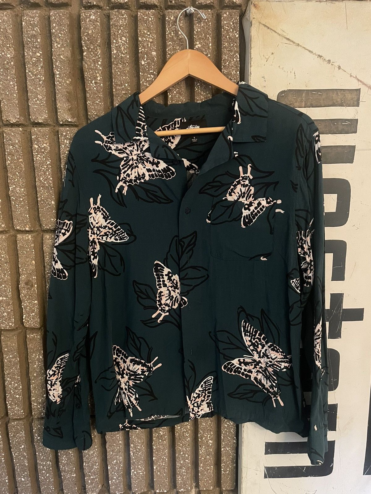 STUSSY BUTTERFLY SHIRT 長袖アロハシャツ グリーン L
