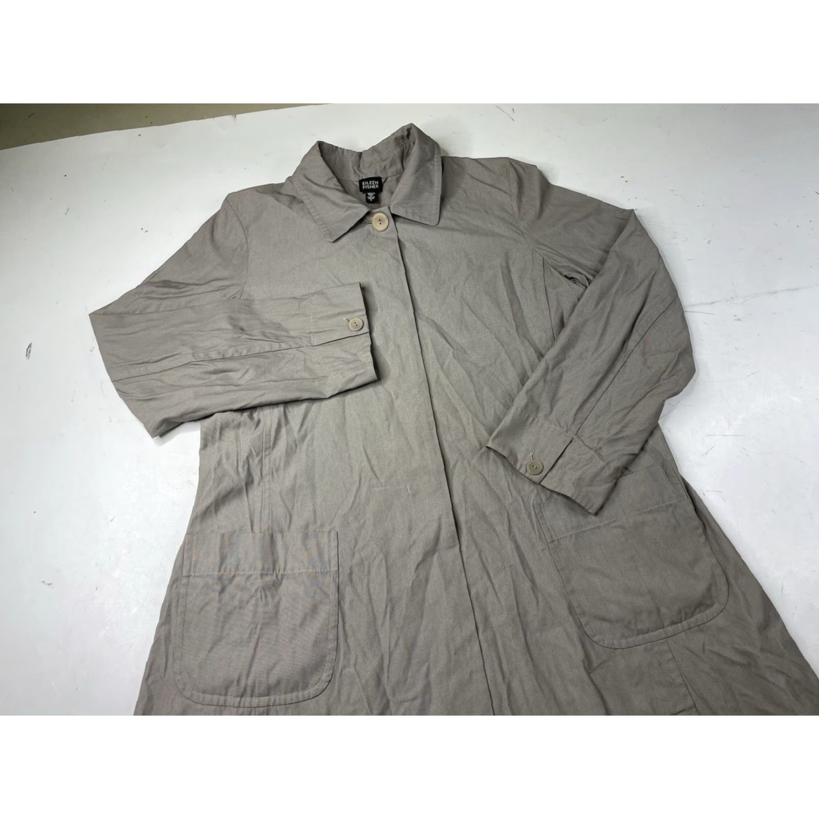 Eileen Fisher Eileen Fisher Trench Coat Jacket Lightweight Cotton Nylon Beige Large Button Collar Pockets Women Regular Size L / US 10 / IT 46 - 2 Thumbnail