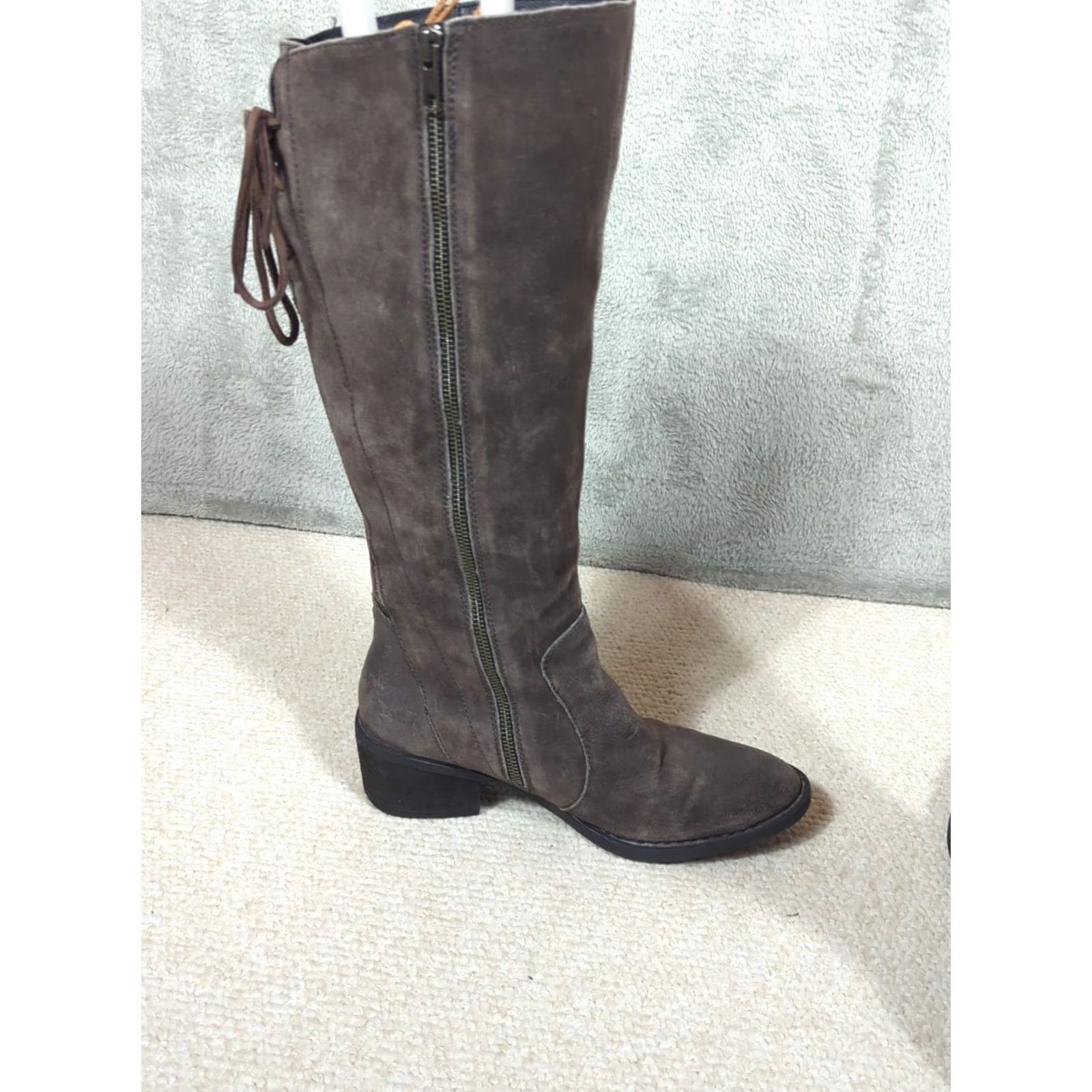 Born Born Felicia Gray Brown Suede Zip Up Knee High Boots Lace Back Women's 8.5 Size US 9 / IT 39 - 6 Thumbnail