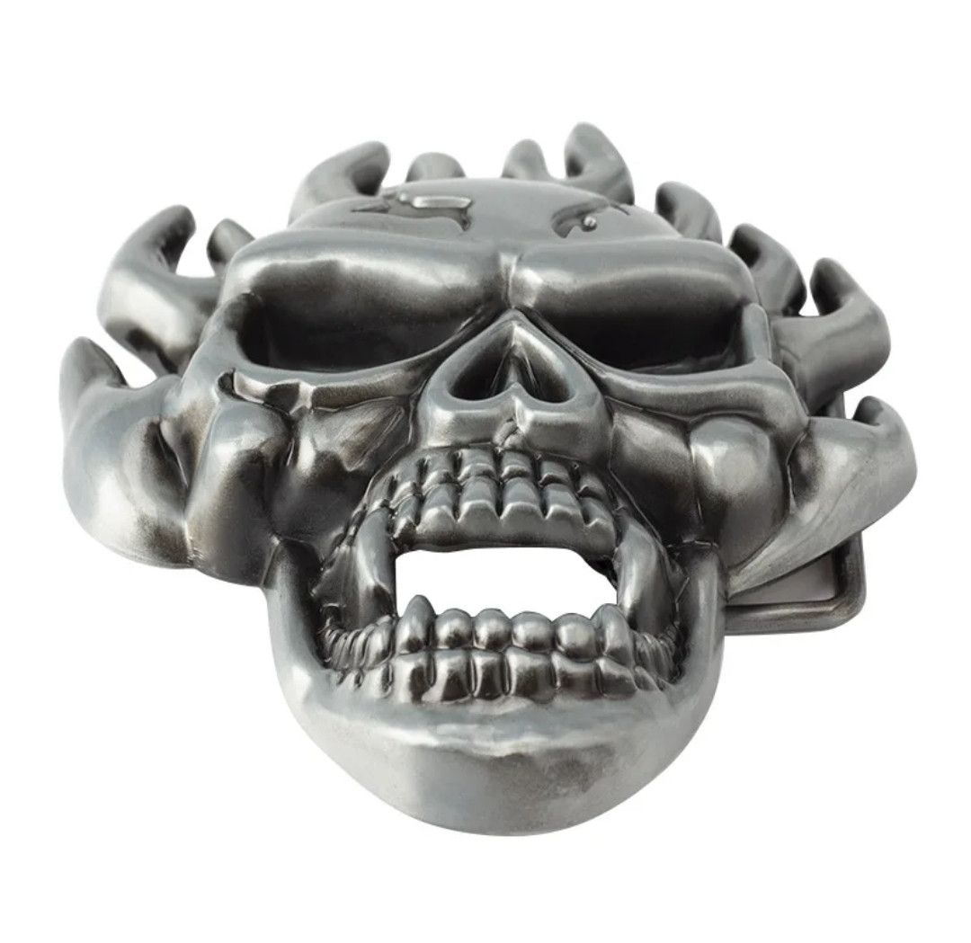 Japanese Brand × Leather Fire Hair Skull Belt Buckle 40 mm Belt in 100/110/120/130 Size ONE SIZE - 3 Thumbnail