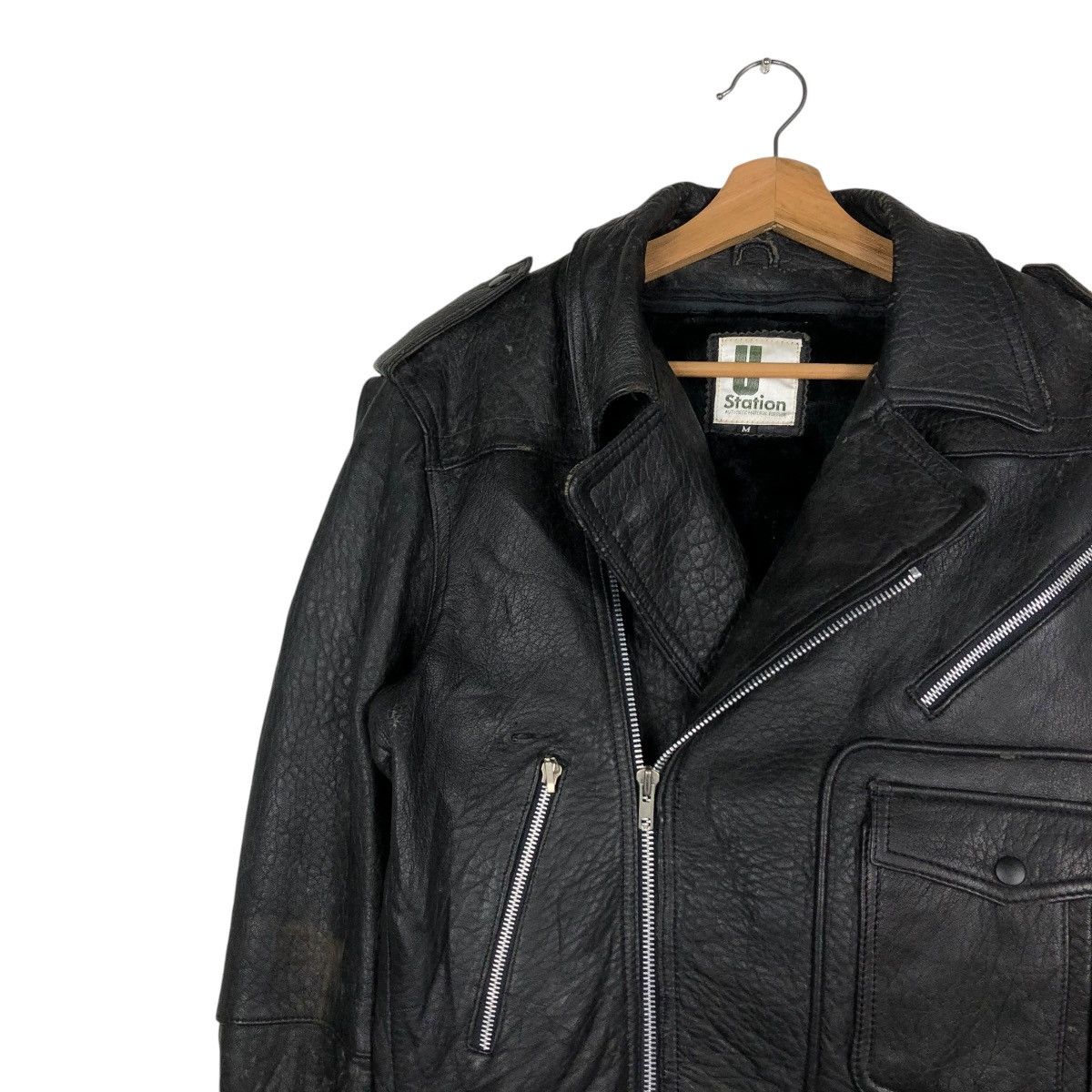 Japanese Brand 🔥VINTAGE BIKER LEATHER JACKET DOUBLE COLLAR U STATION Size US M / EU 48-50 / 2 - 6 Thumbnail