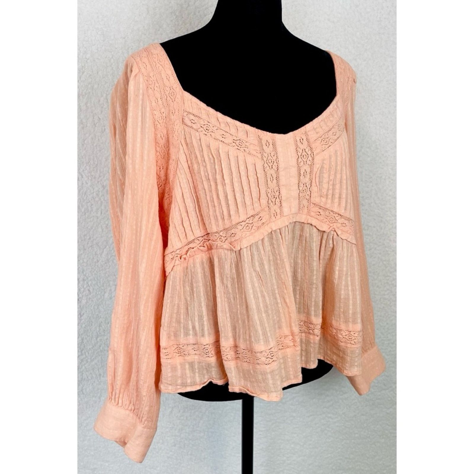American Eagle Outfitters AMERICAN EAGLE • Peach Boho Long Sleeve Babydoll Blouse Size L / US 10 / IT 46 - 10 Thumbnail
