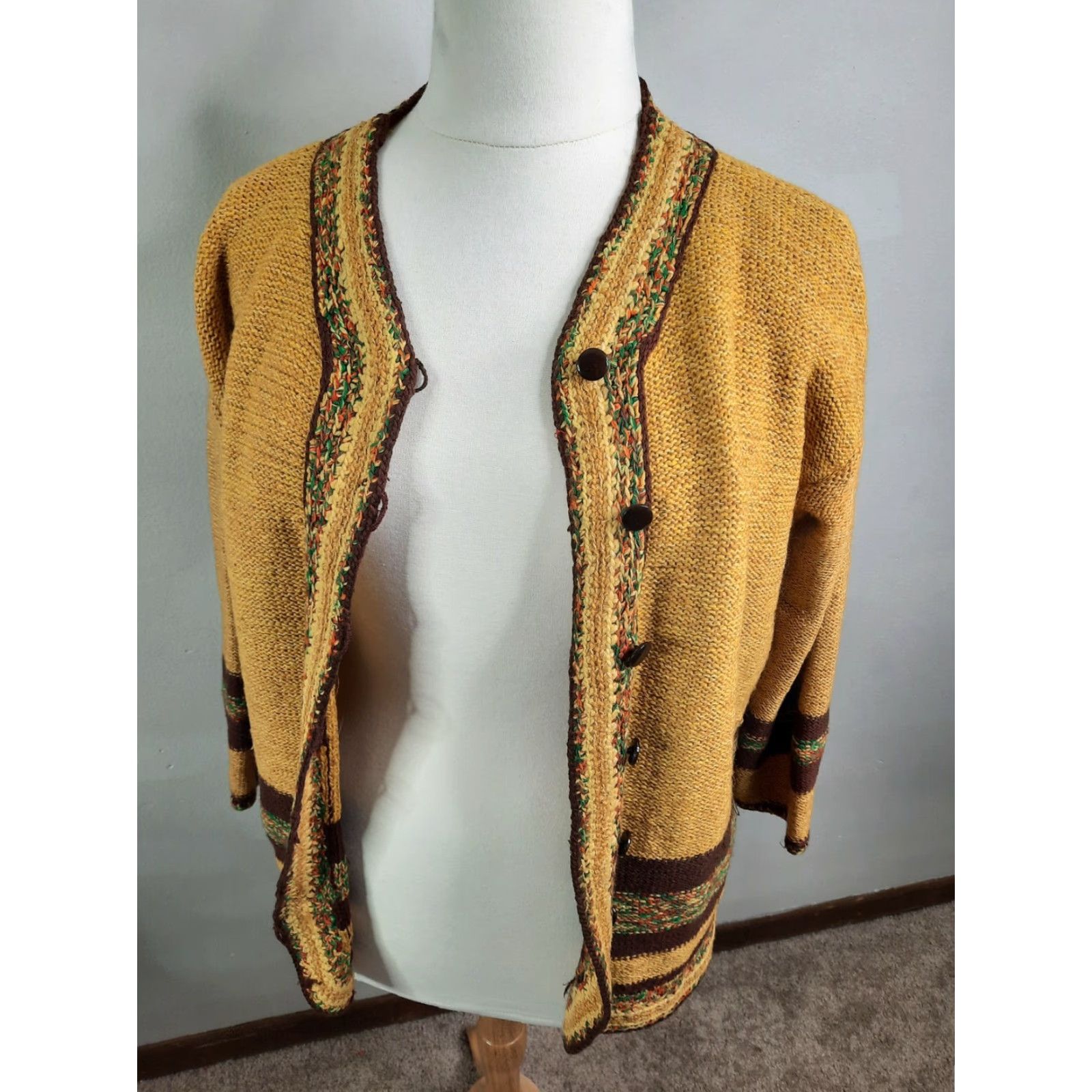 Vintage VINTAGE 70s Cardigan Sweater Women XL Yellow Brown Boho V Neck Round Neck 70s Pattern Knit Acrylic Belted Shoestring Not Included Size XL / US 12-14 / IT 48-50 - 7 Thumbnail