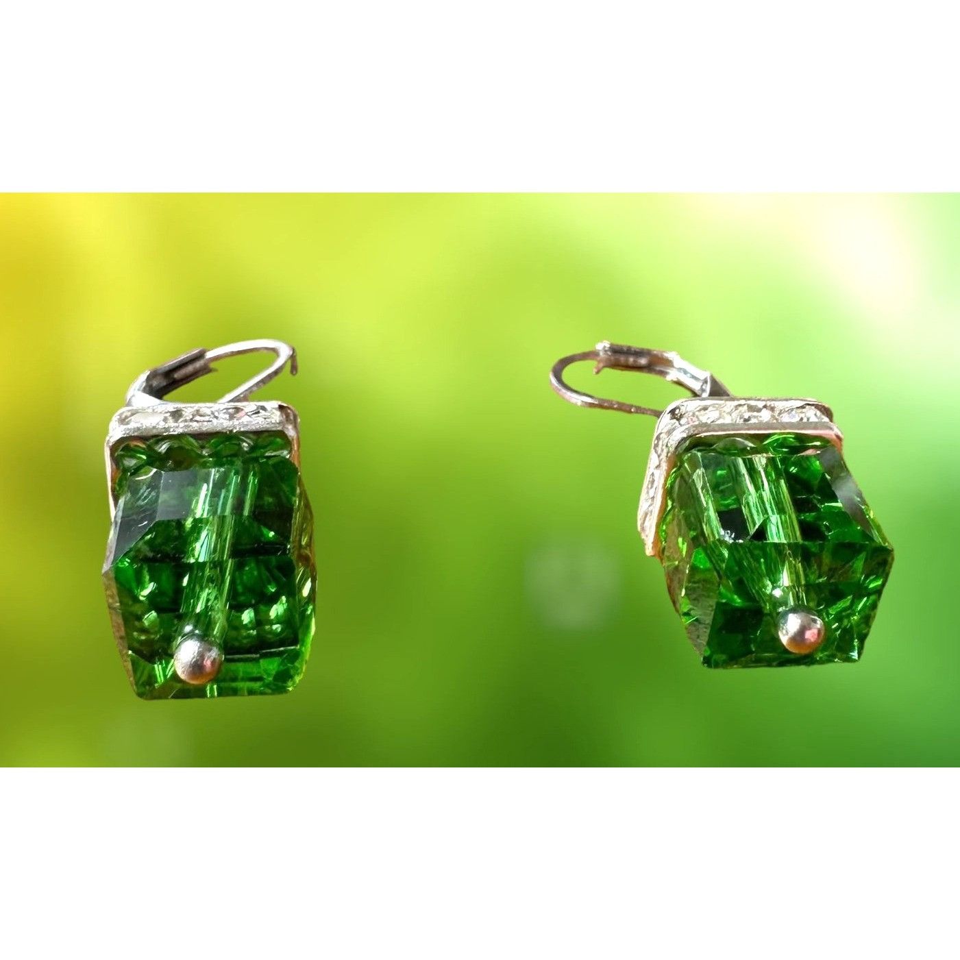 Designer × Handmade Light Emerald Earrings New Square Cube Rhinestones Wedding B Size ONE SIZE - 11 Thumbnail