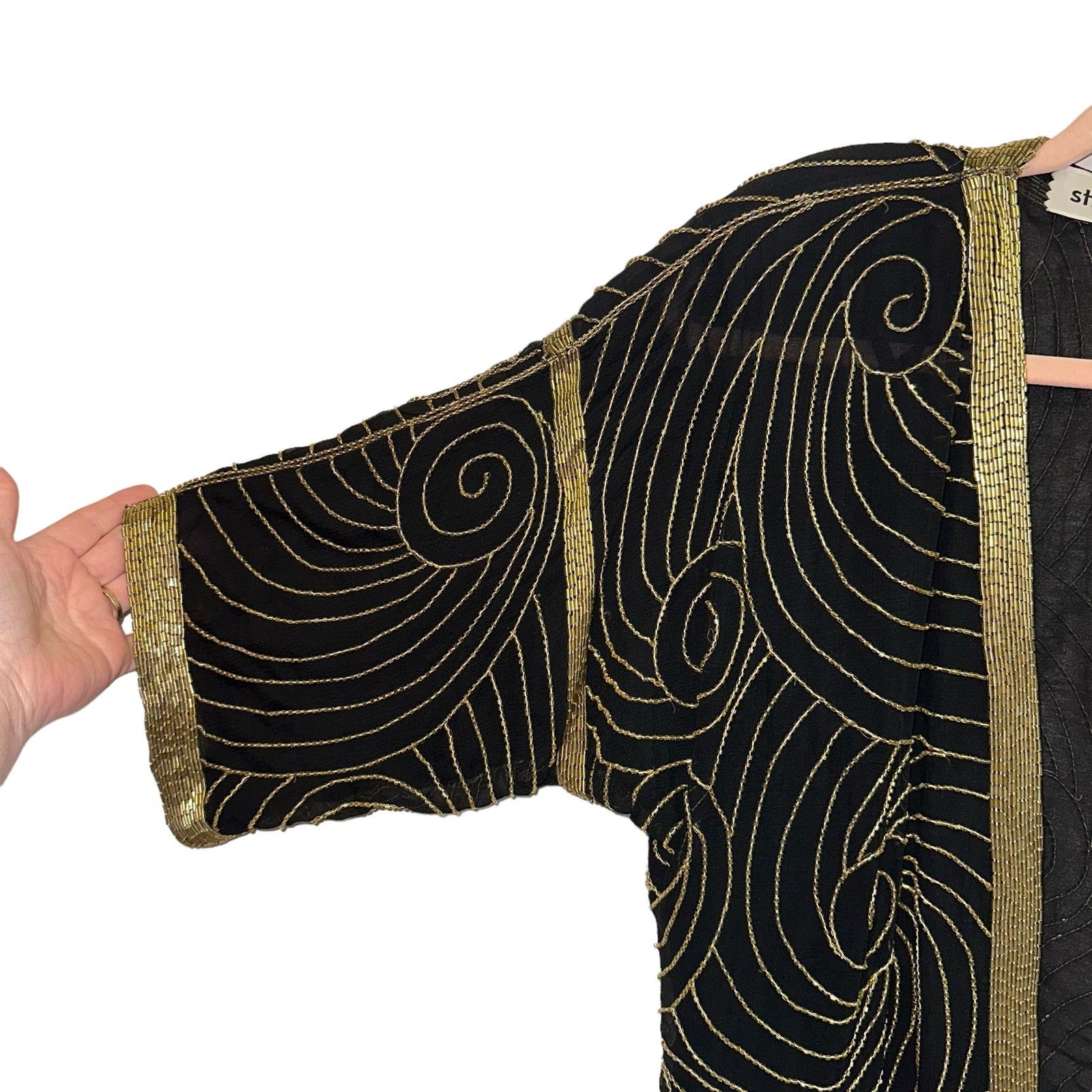 Vintage St. Honore Vintage Black & Gold Silk Beaded Jacket Top Size M / US 6-8 / IT 42-44 - 3 Thumbnail