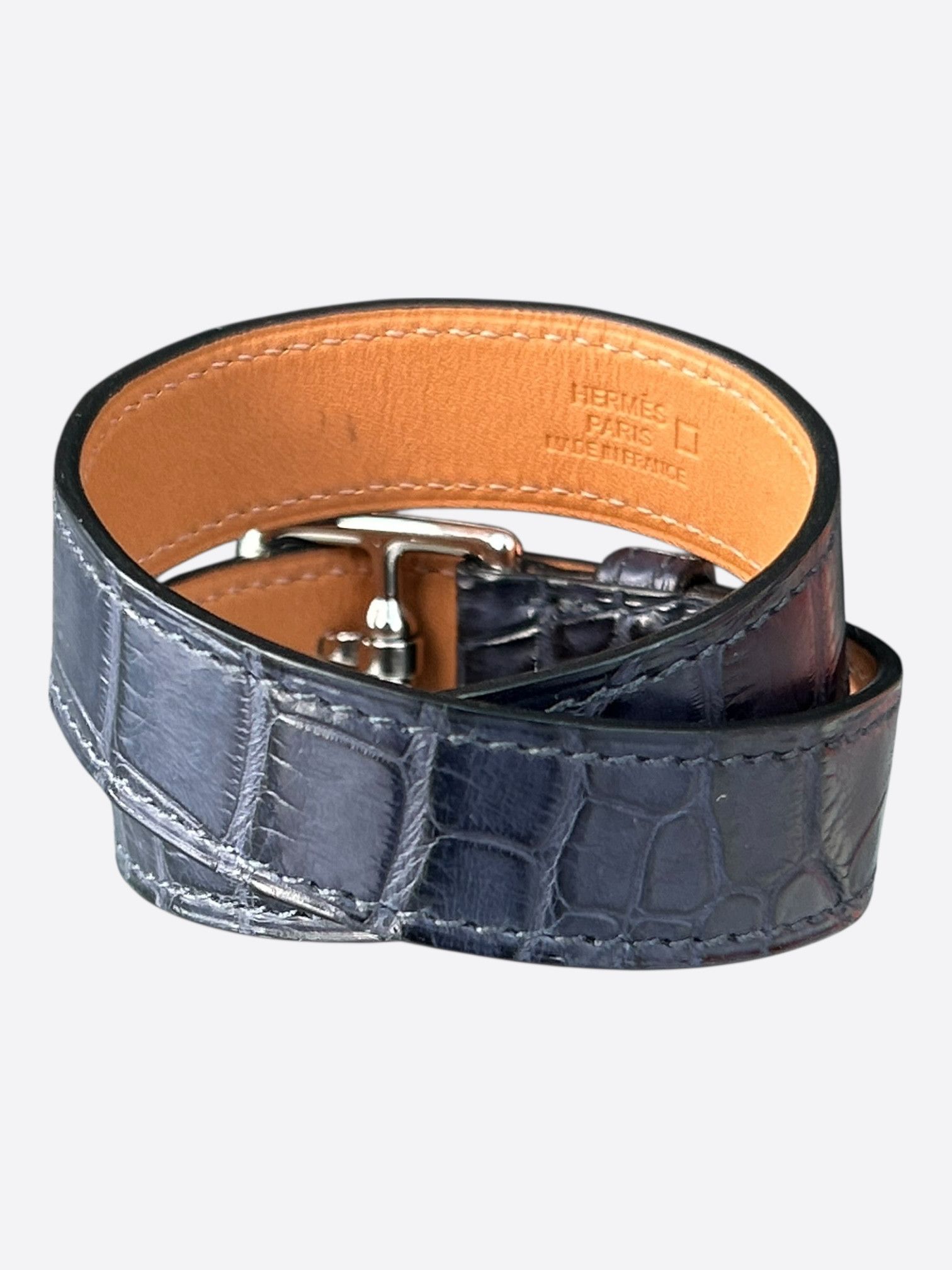 Hermes Navy Croc Palladium Hardware Etriviere Double Tour Bracelet Size ONE SIZE - 2 Thumbnail