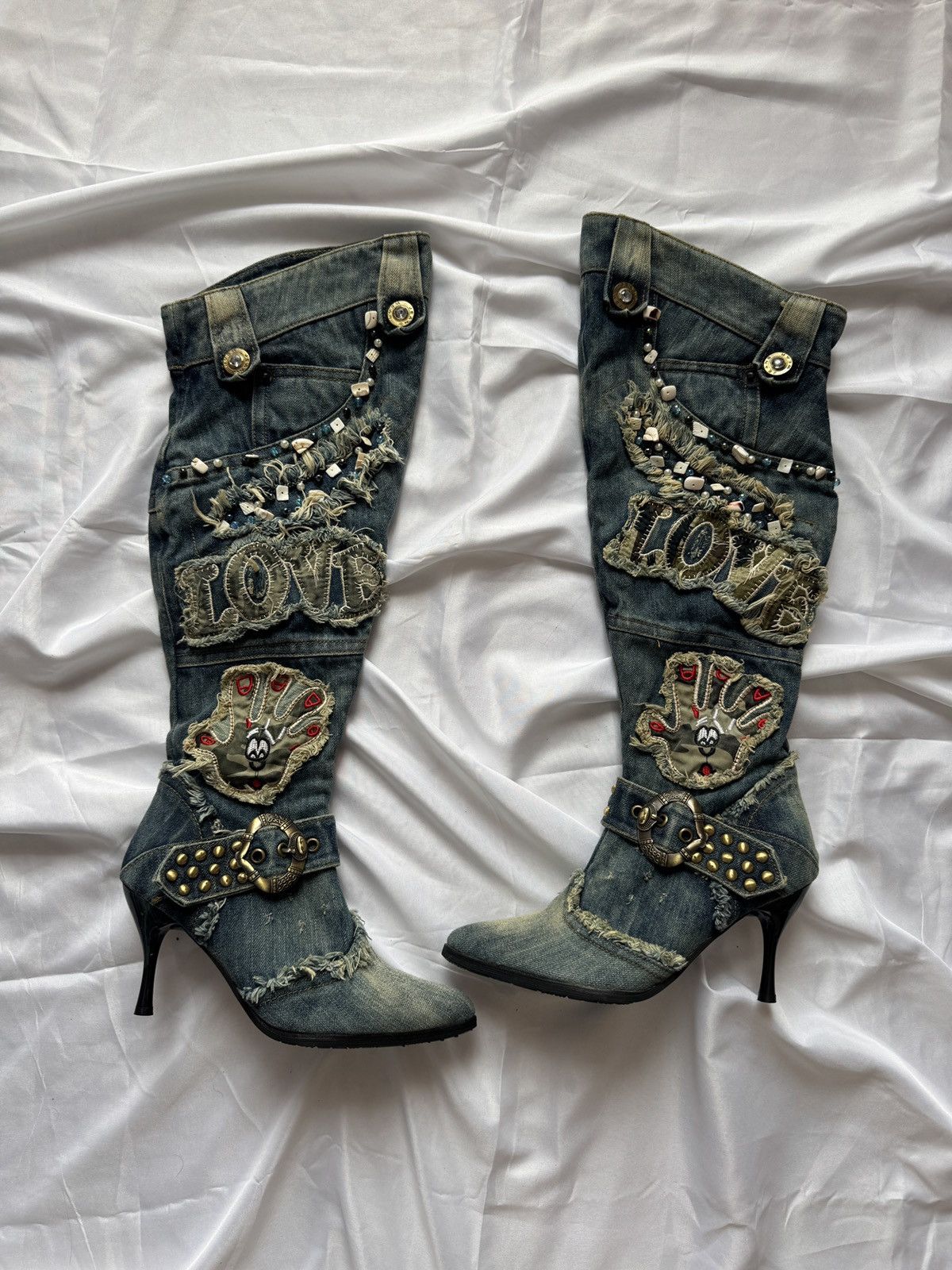 Hysteric Glamour Y2K Vintage Distressed Patchwork Knee-High Jeans Boots Size US 7 / IT 37 - 1 Thumbnail