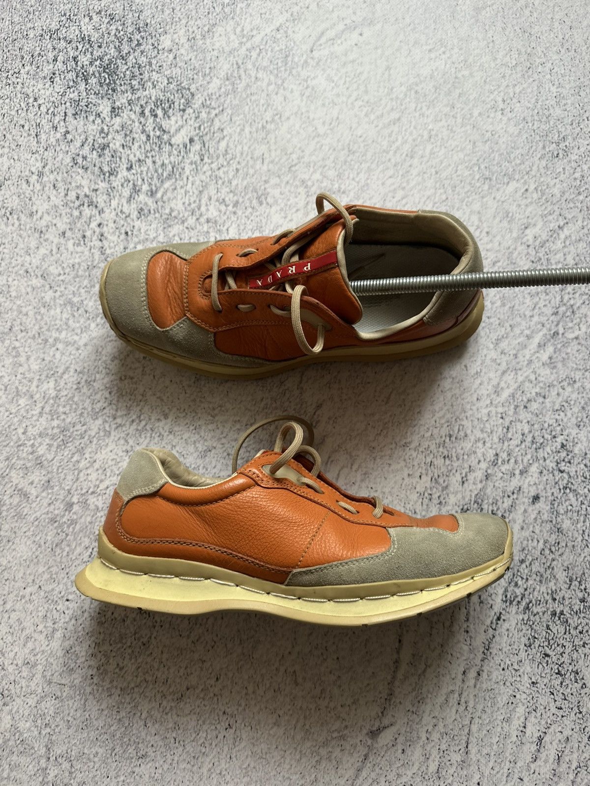 Prada Prada Red Tab Orange Leather Gray Suede Trainers Sneakers Size US 7 / IT 37 - 23 Thumbnail