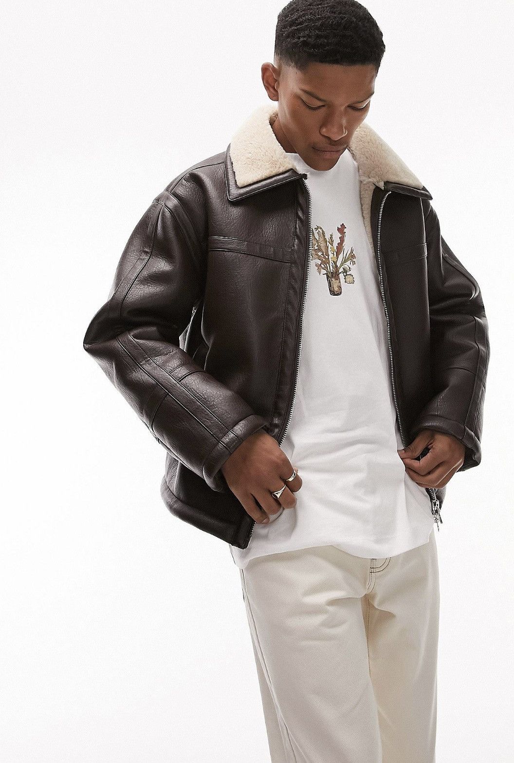 image of Topman Faux Leather Aviator Jacket in Brown, Men's (Size Large)