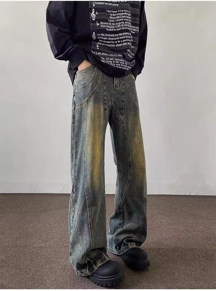 image of Stripe Embroidery Wide Leg Straight Jeans in Blue, Men's (Size 30)
