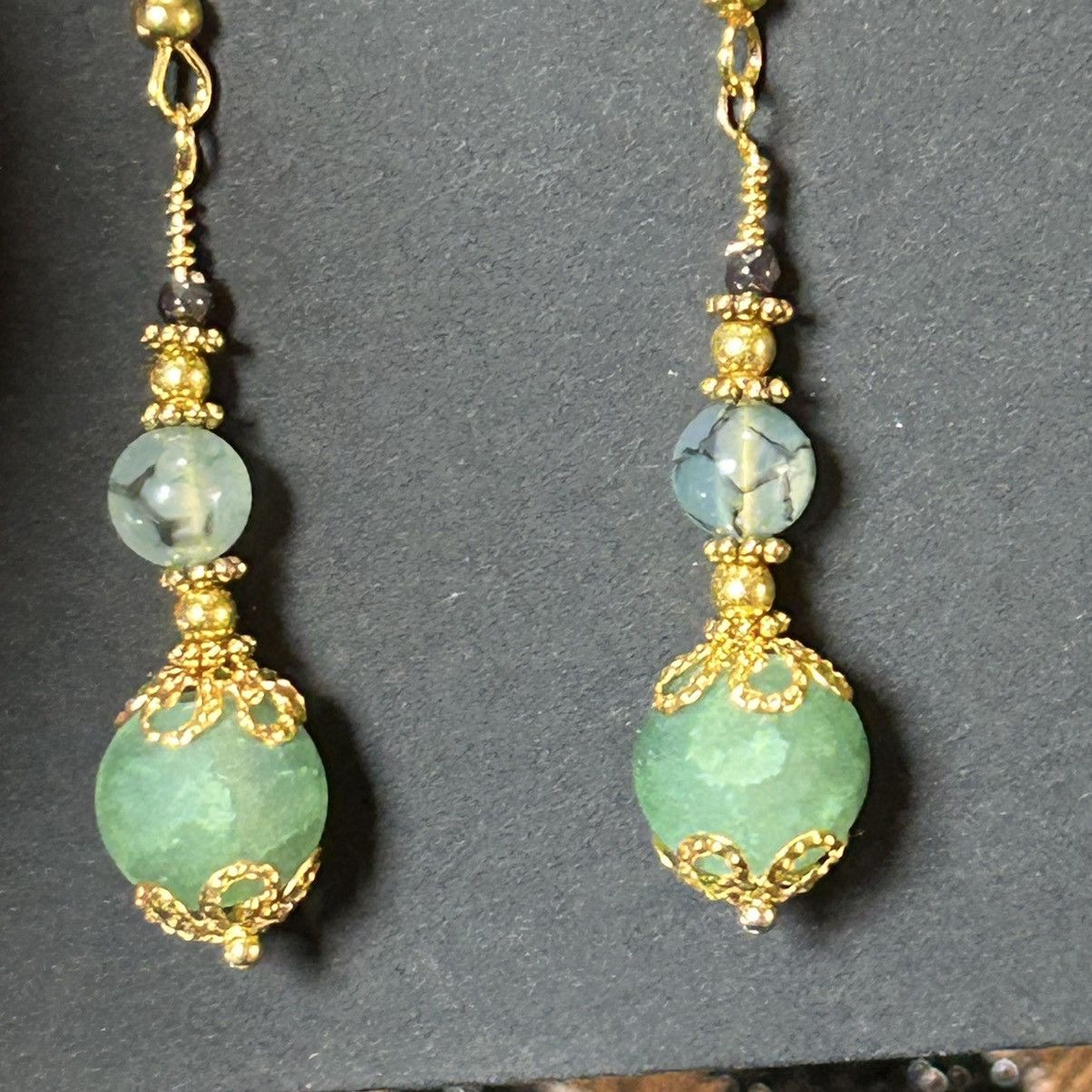 Handmade Handcrafted green crackle glass dragon vein agate earrings Size ONE SIZE - 2 Thumbnail