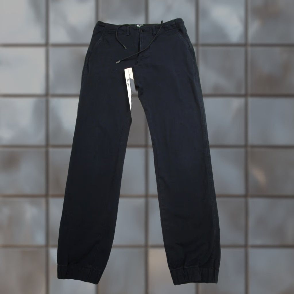 NLST Navy Pants Mens Small Black Japanese Fabric Jogger Drawstring Cotton Regular Inseam 29in Cuffed Pockets Used Mens