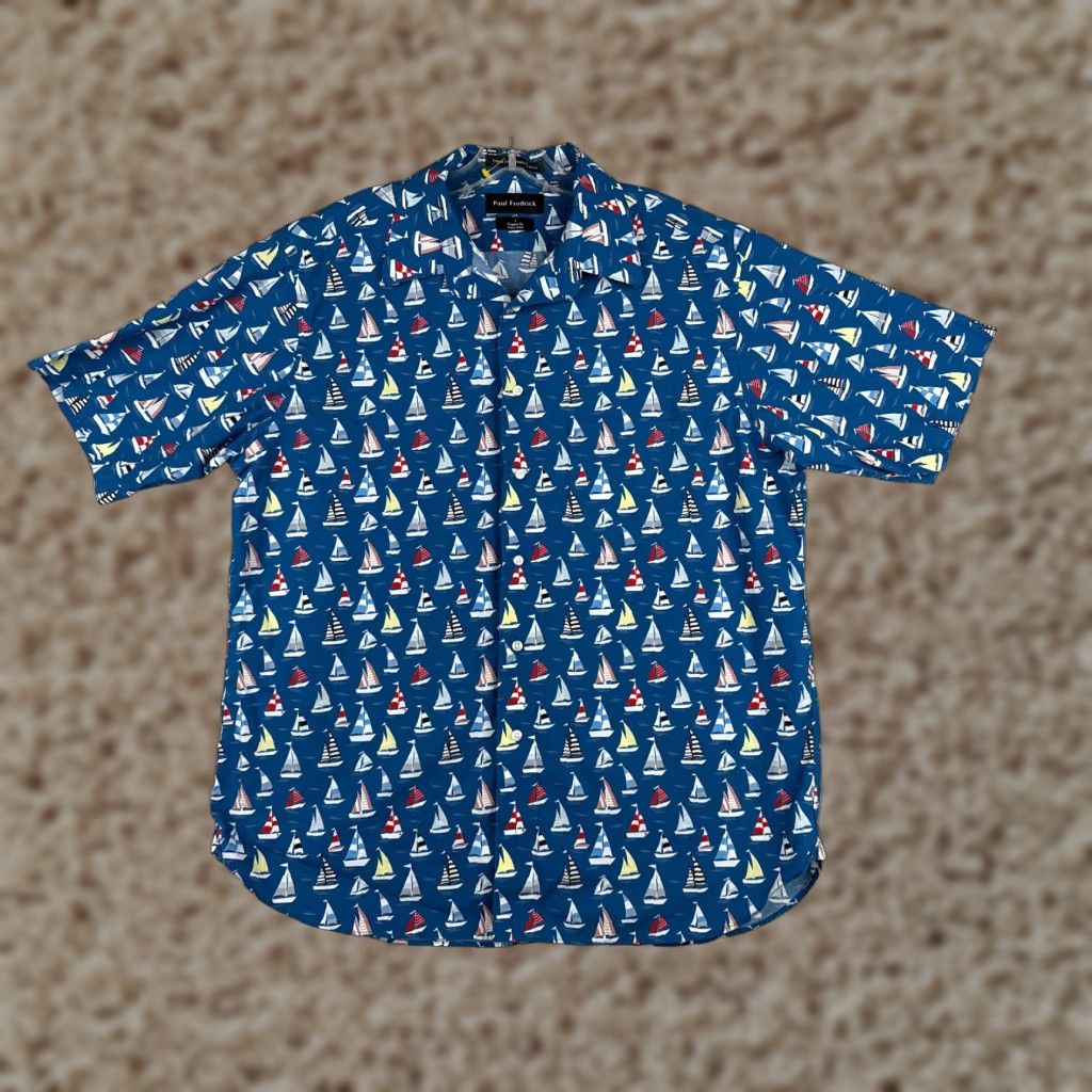 Vintage Paul Fredick Shirt Adult Large Blue Sailboat AOP Cotton Hawaiian Classic Fit Size US L / EU 52-54 / 3 - 1 Thumbnail