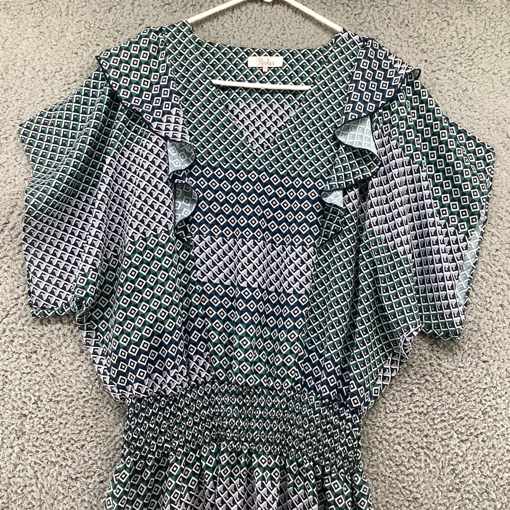 Parker Parker Mini Dress Sz M Blue Green Printed Short Sleeve A-Line Ruffle Smocked Geometric V-Neck Cap/Short Sleeve? Size 32" / US 10 / IT 46 - 3 Thumbnail