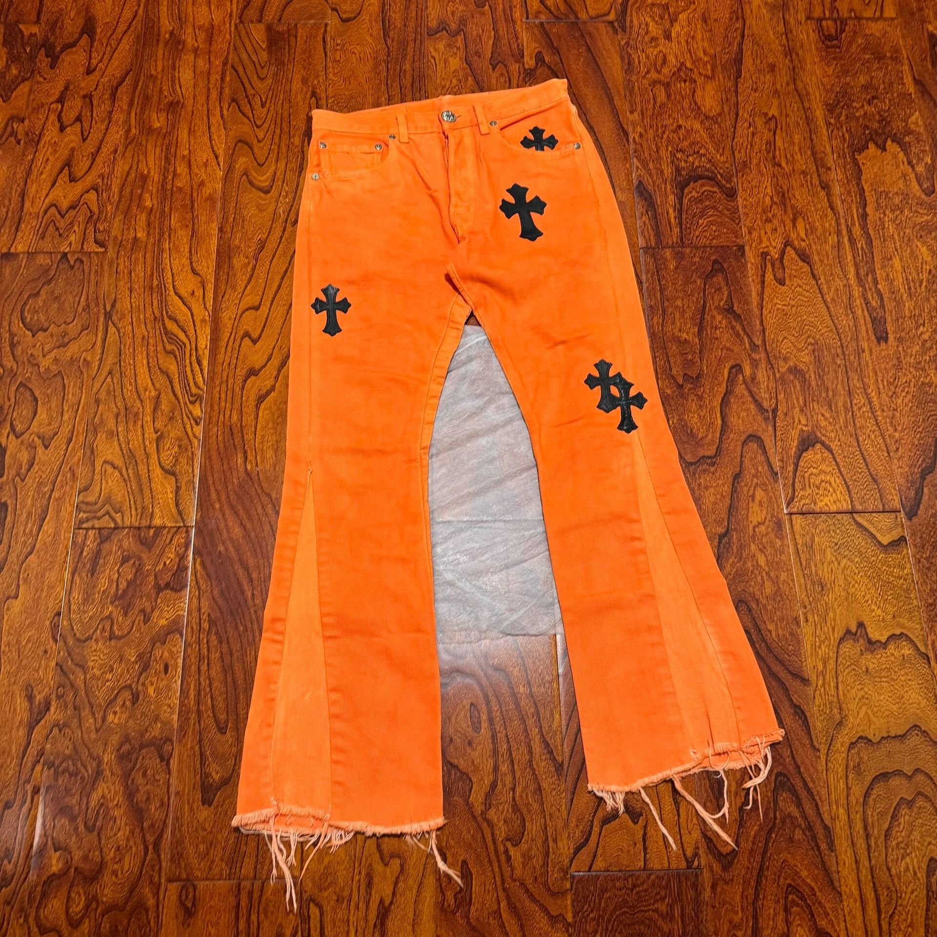 Chrome Hearts orange flared jeans with black crosses Size 28" / US 6 / IT 42 - 1 Thumbnail