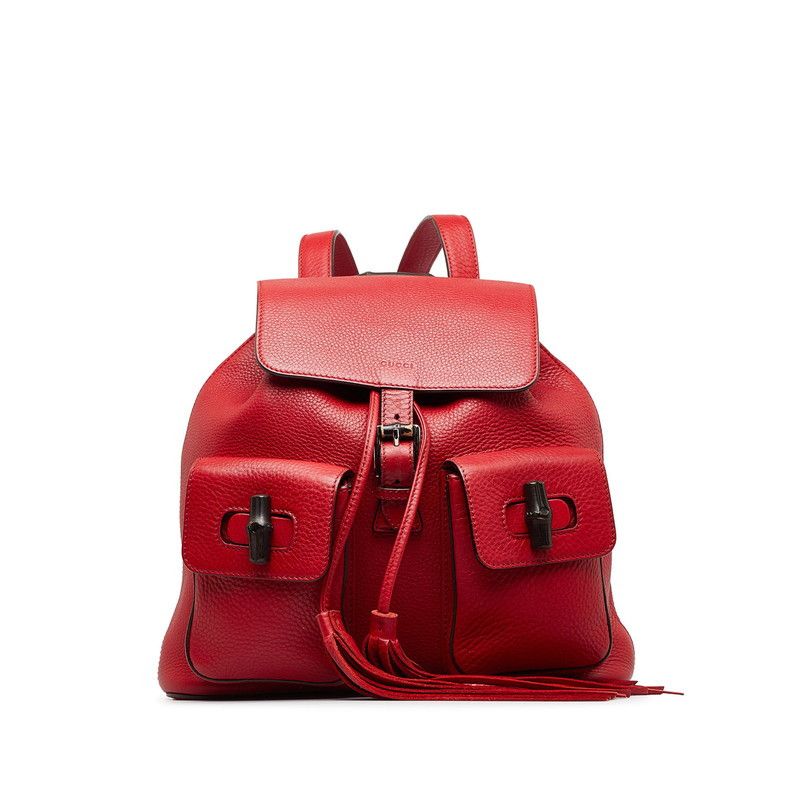 image of Gucci Leather Double Pocket Bamboo Backpack in Red, Women's