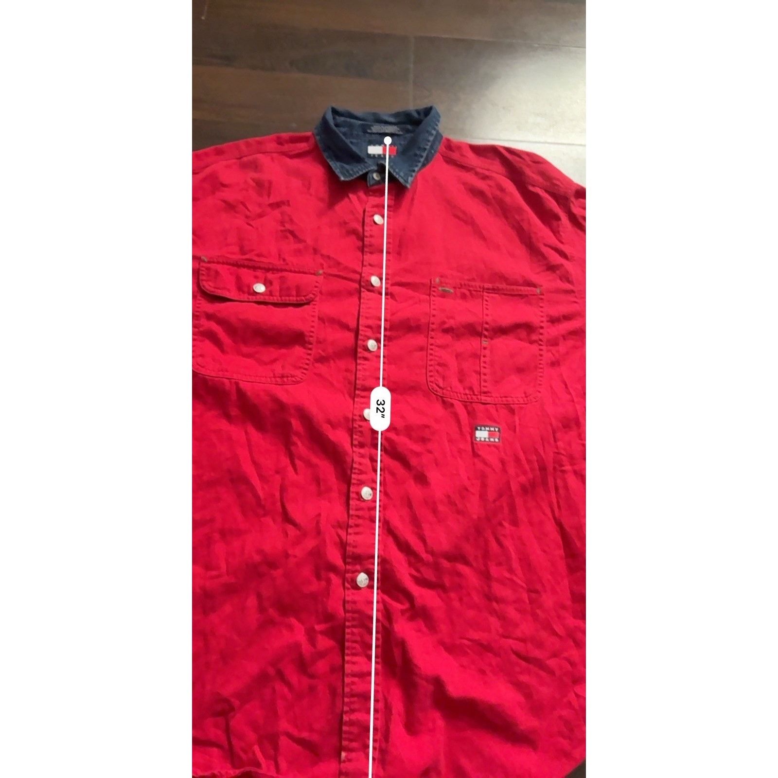 Tommy Hilfiger THF Mens Shirt L Red Vintage 90's Denim Collar Metal Buttons Size US L / EU 52-54 / 3 - 9 Thumbnail