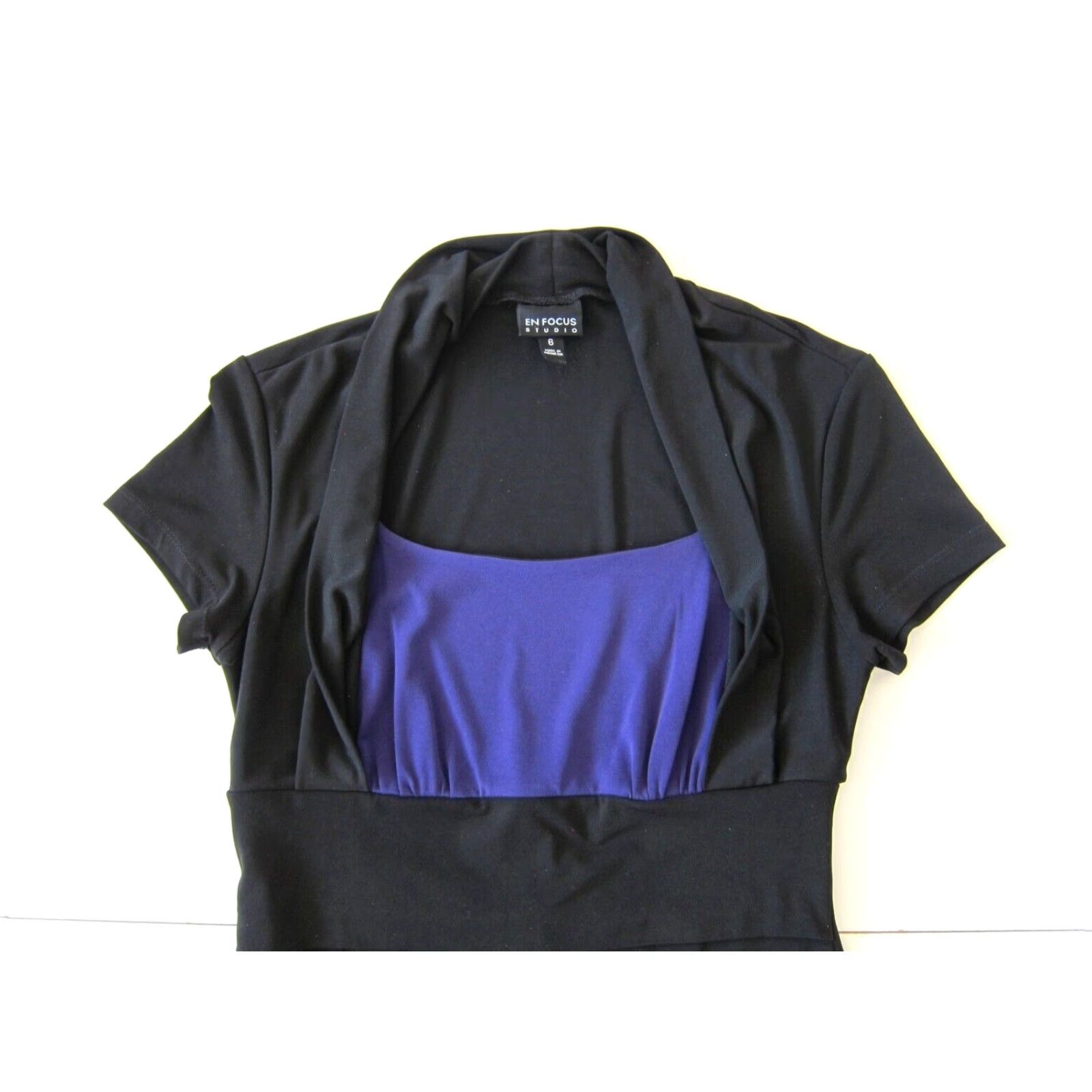 Vintage VINTAGE En Focus Studio Black Purple Stretch Pleated Short Sleeve A-Line Shift Dress 6 Size 28" / US 6 / IT 42 - 3 Thumbnail