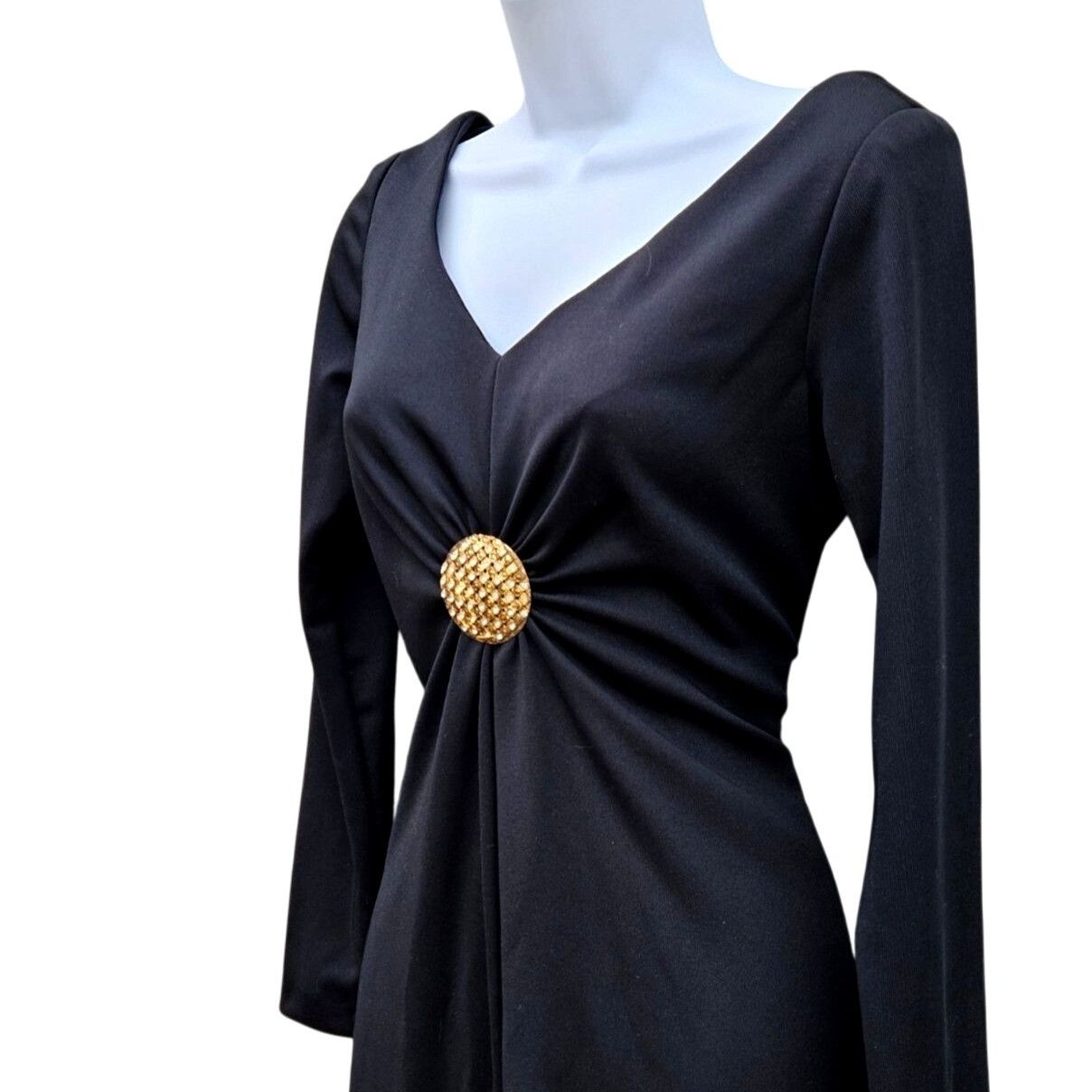 Vintage Vintage Black Doubleknit Maxi Dress Gold Medallion Empire Dr Size M / US 6-8 / IT 42-44 - 2 Thumbnail