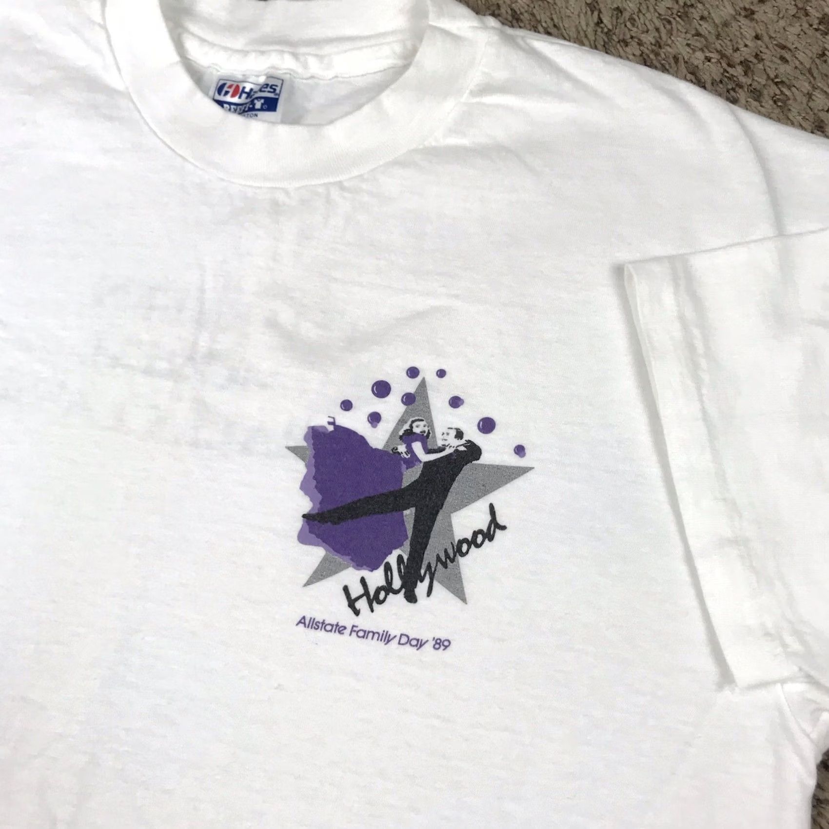 Hanes VINTAGE Hanes T-Shirt Single Stitch 80s White Crew Neck Short Sleeve Large Graphic Tee 1989 Hollywood Dance Mens/Womens Size US L / EU 52-54 / 3 - 4 Thumbnail