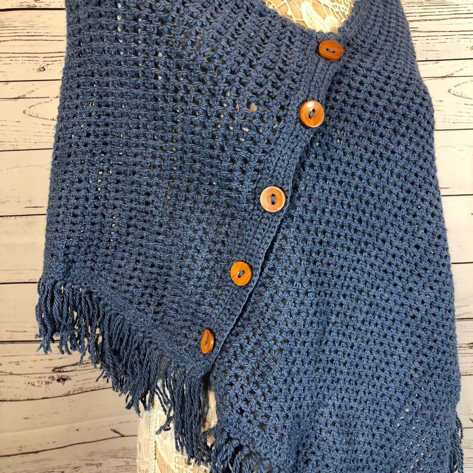 Handmade Carolina•Arce•Seifert knit shawl blue vintage looking Size S / US 4 / IT 40 - 2 Thumbnail