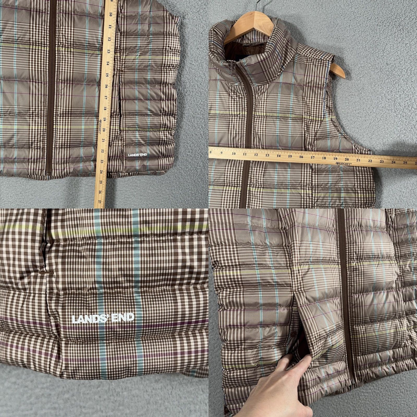 Lands' End Lands' End Vest Puffer Womens L Brown Plaid Quilted 600 Fill Down Zip Pocket Lined Sleeveless Scarf? Size L / US 10 / IT 46 - 8 Thumbnail