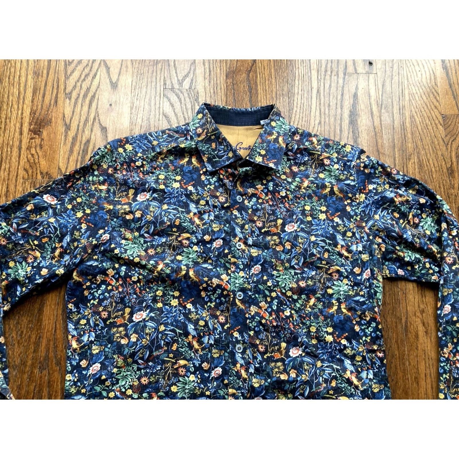 Robert Graham Robert Graham Mens Small Blue Floral Button Up Shirt Long Sleeve AOP Flip Cuff Size US S / EU 44-46 / 1 - 4 Thumbnail
